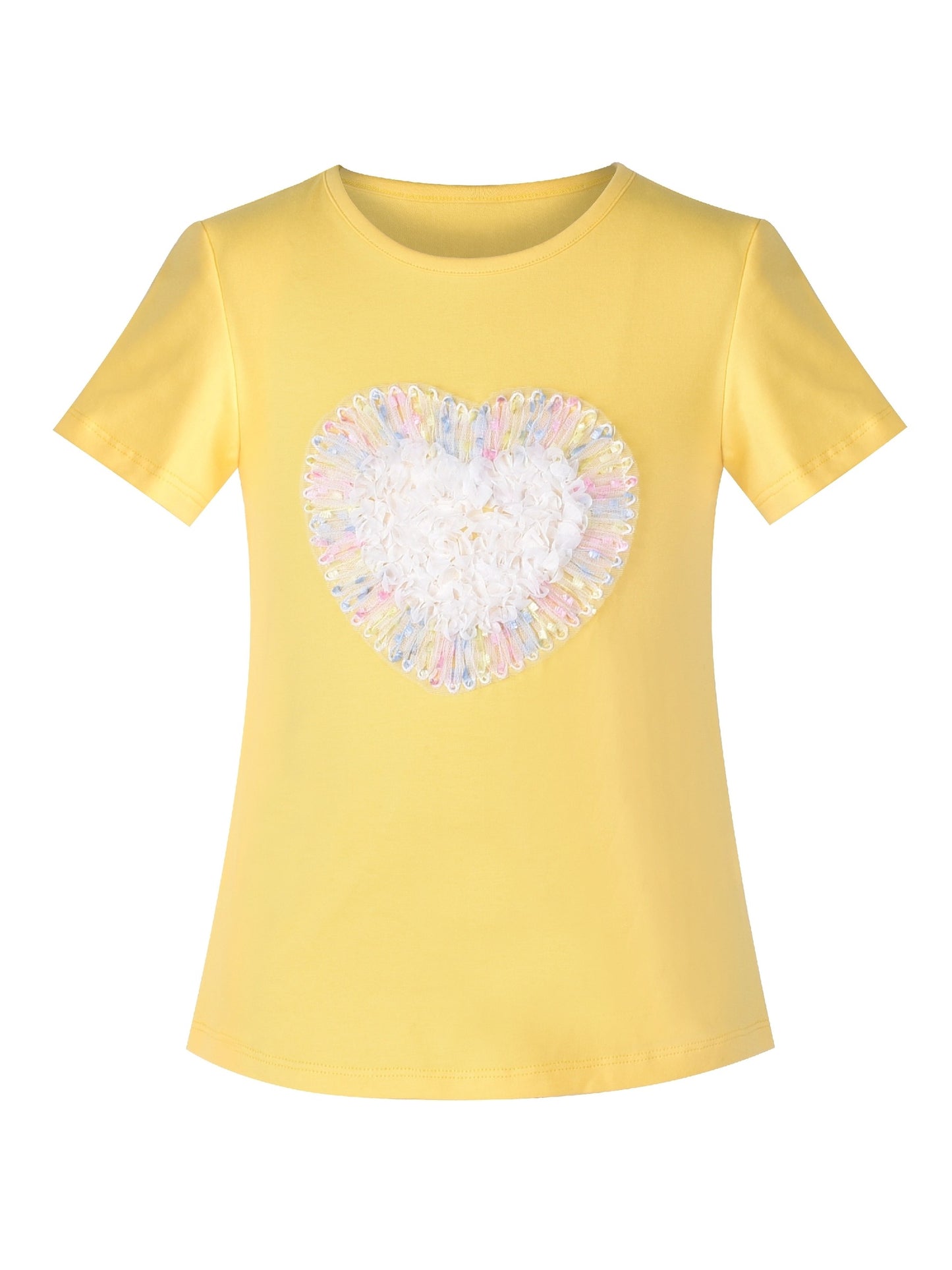Girls Cotton T-shirt Purple Balloon Yellow Heart Graphic Short Sleeve Multi-Color