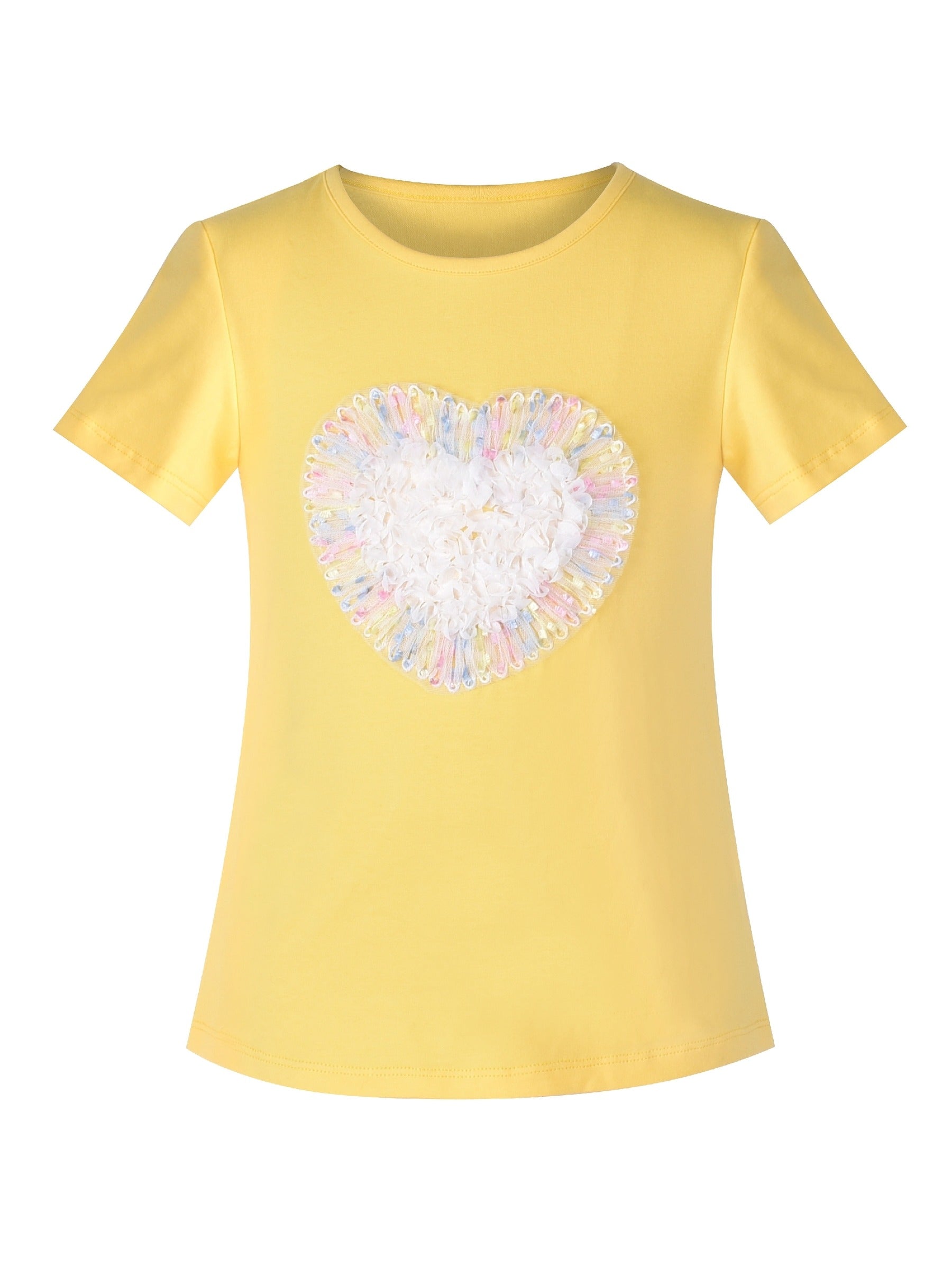Girls Cotton T-shirt Purple Balloon Yellow Heart Graphic Short Sleeve Multi-Color