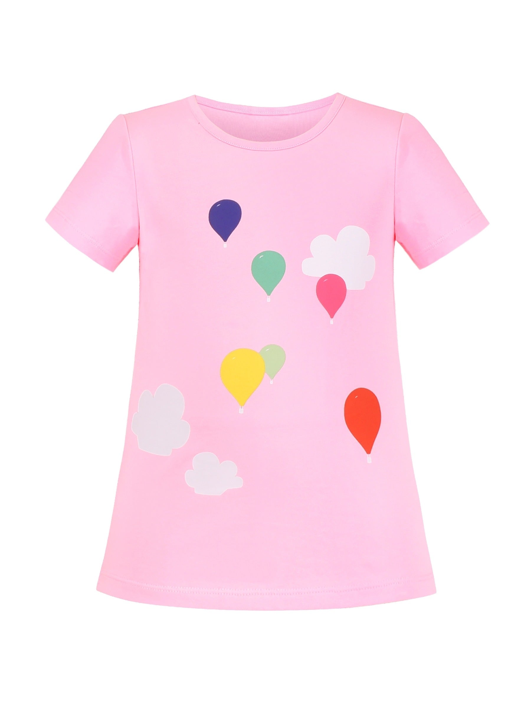 Girls Cotton T-shirt Purple Balloon Yellow Heart Graphic Short Sleeve Pink