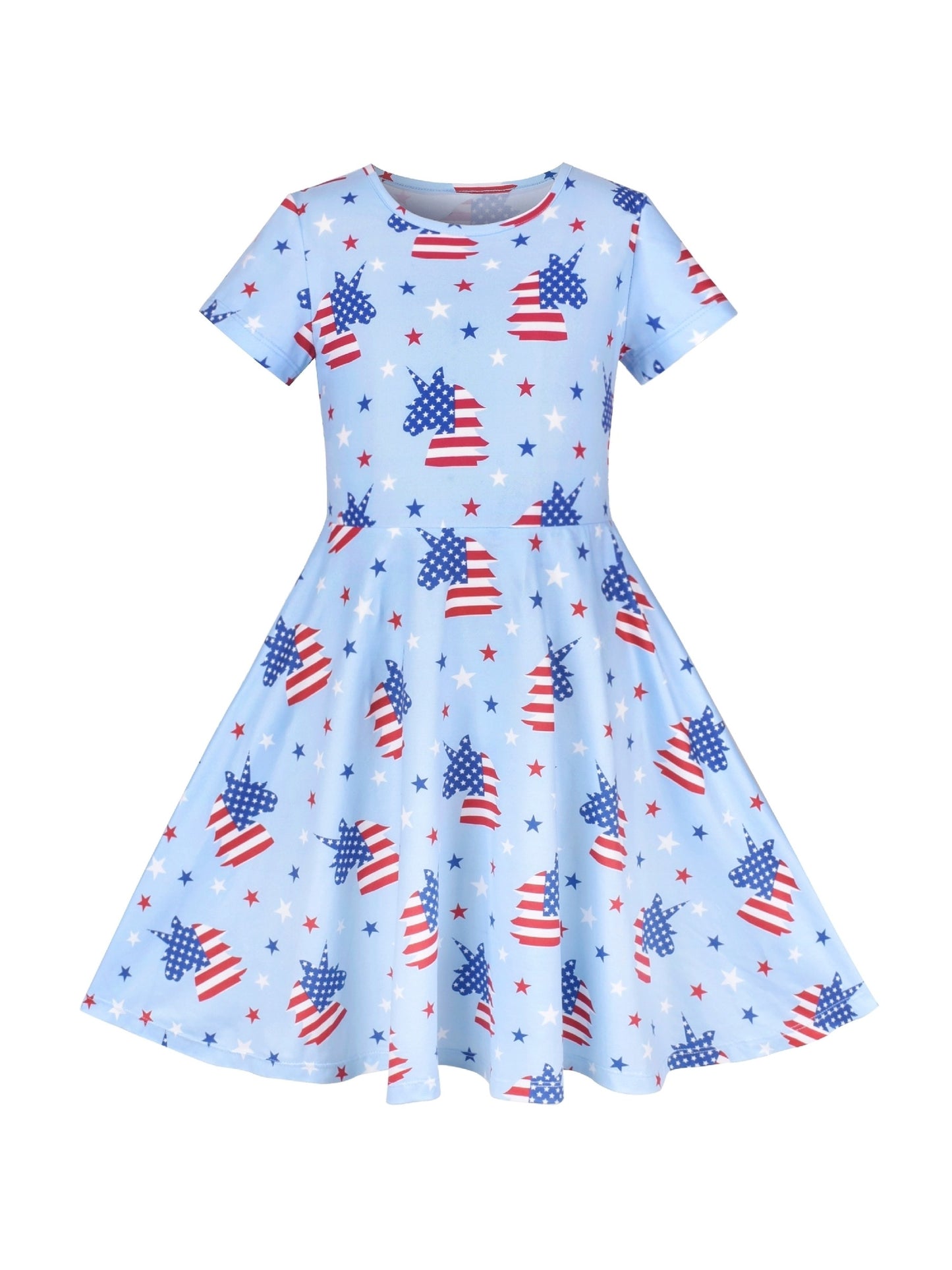 Girls Dress Blue Unicorn Short Sleeve Casual Dress Blue