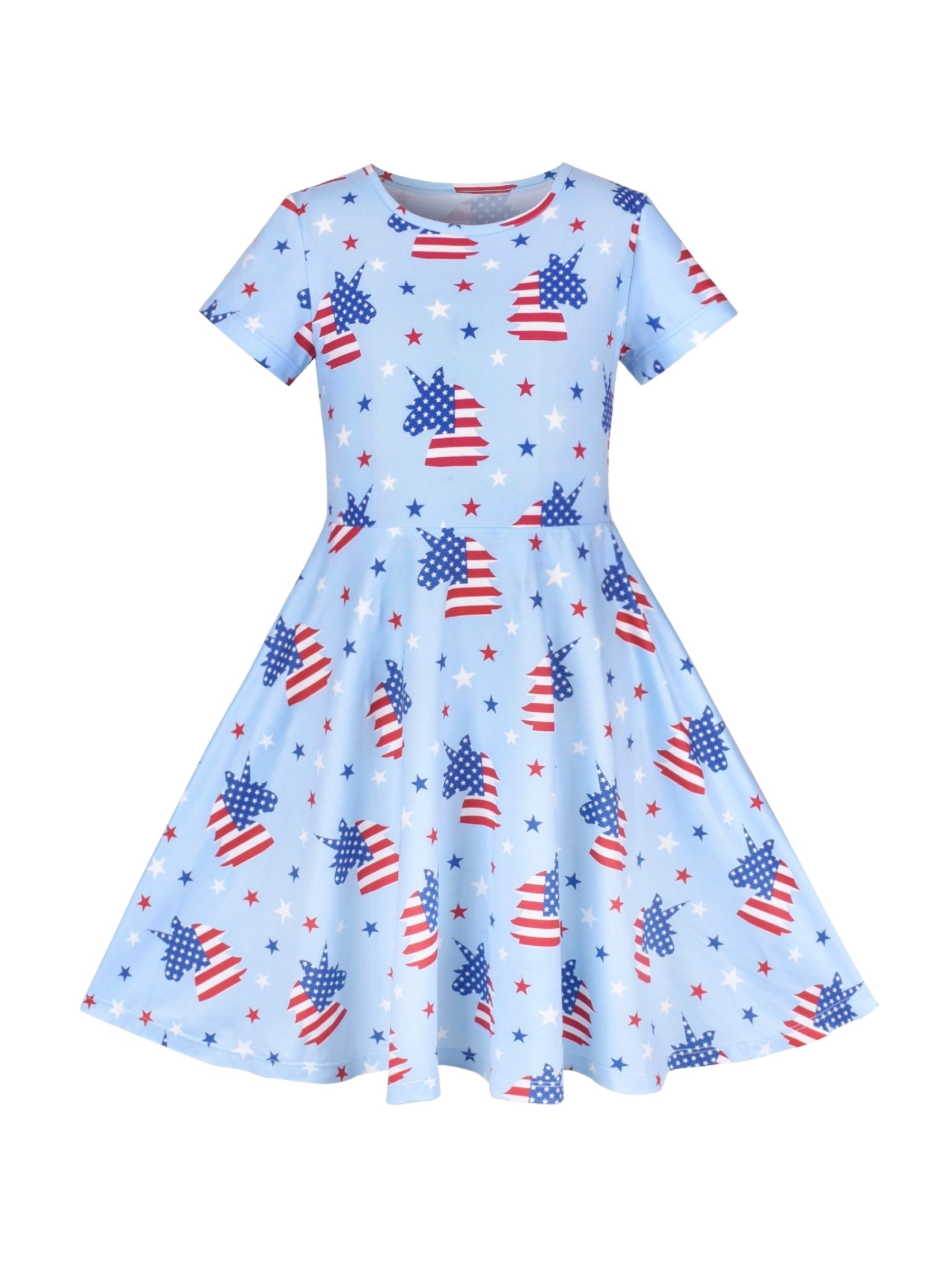 Girls Dress Blue Unicorn Short Sleeve Casual Dress Blue