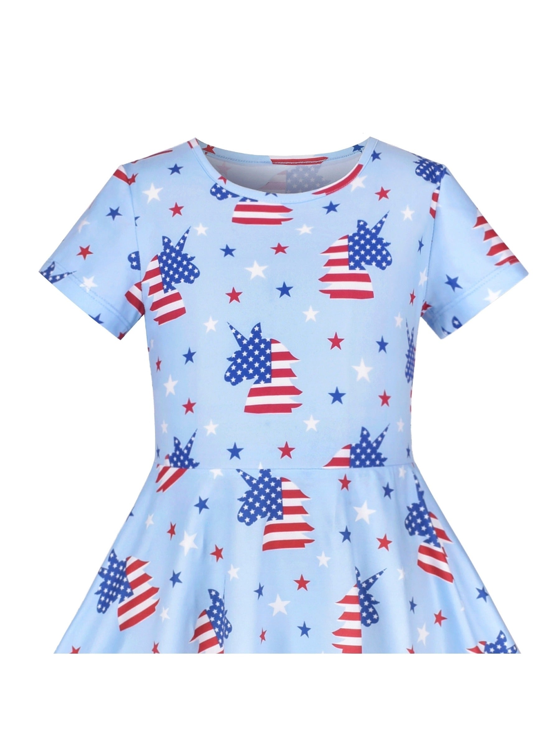 Girls Dress Blue Unicorn Short Sleeve Casual Dress Blue