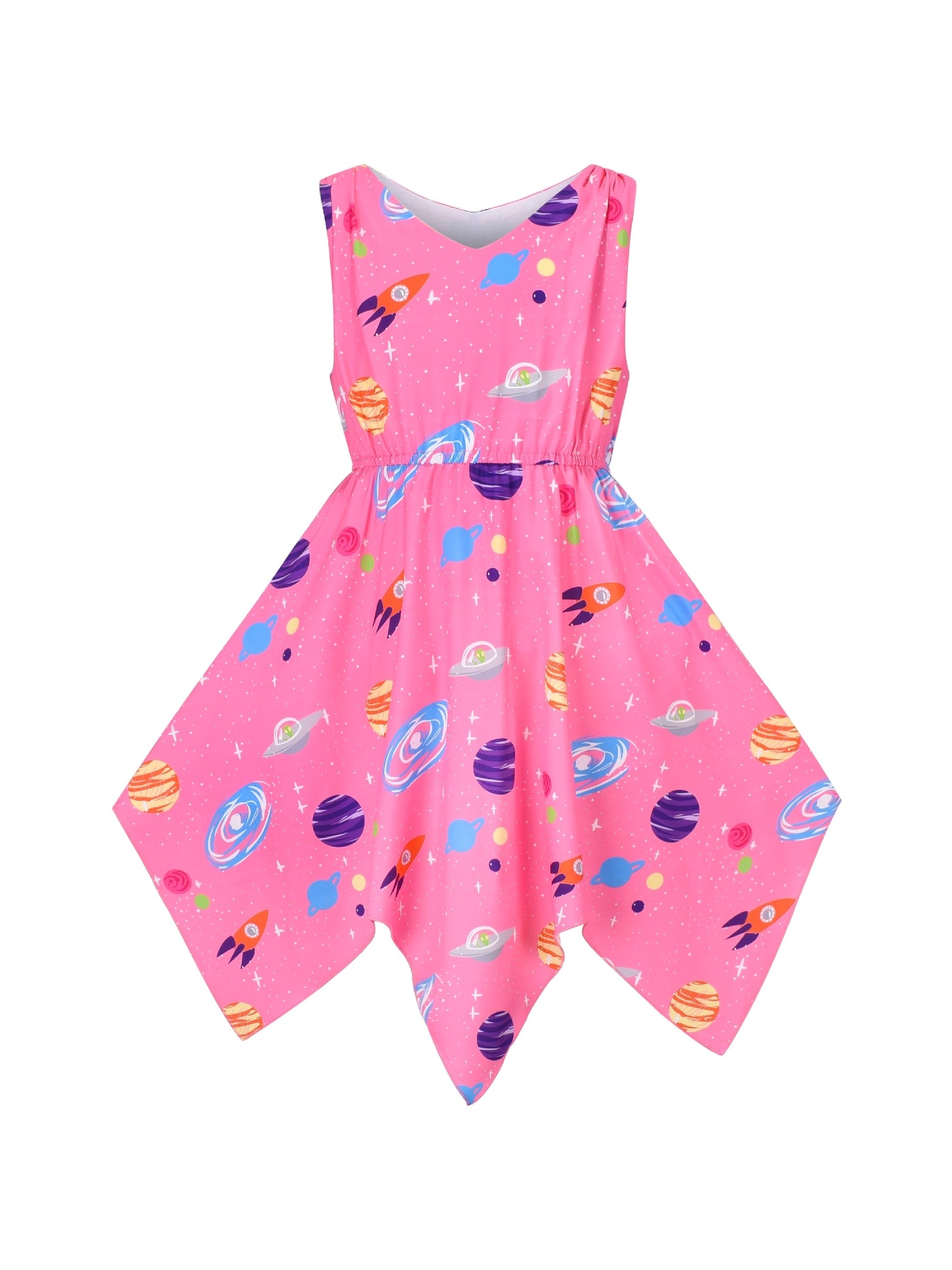 Girls Dress Sunflower Butterfly Hanky Hem Party Beach Necklace Sundress Pink