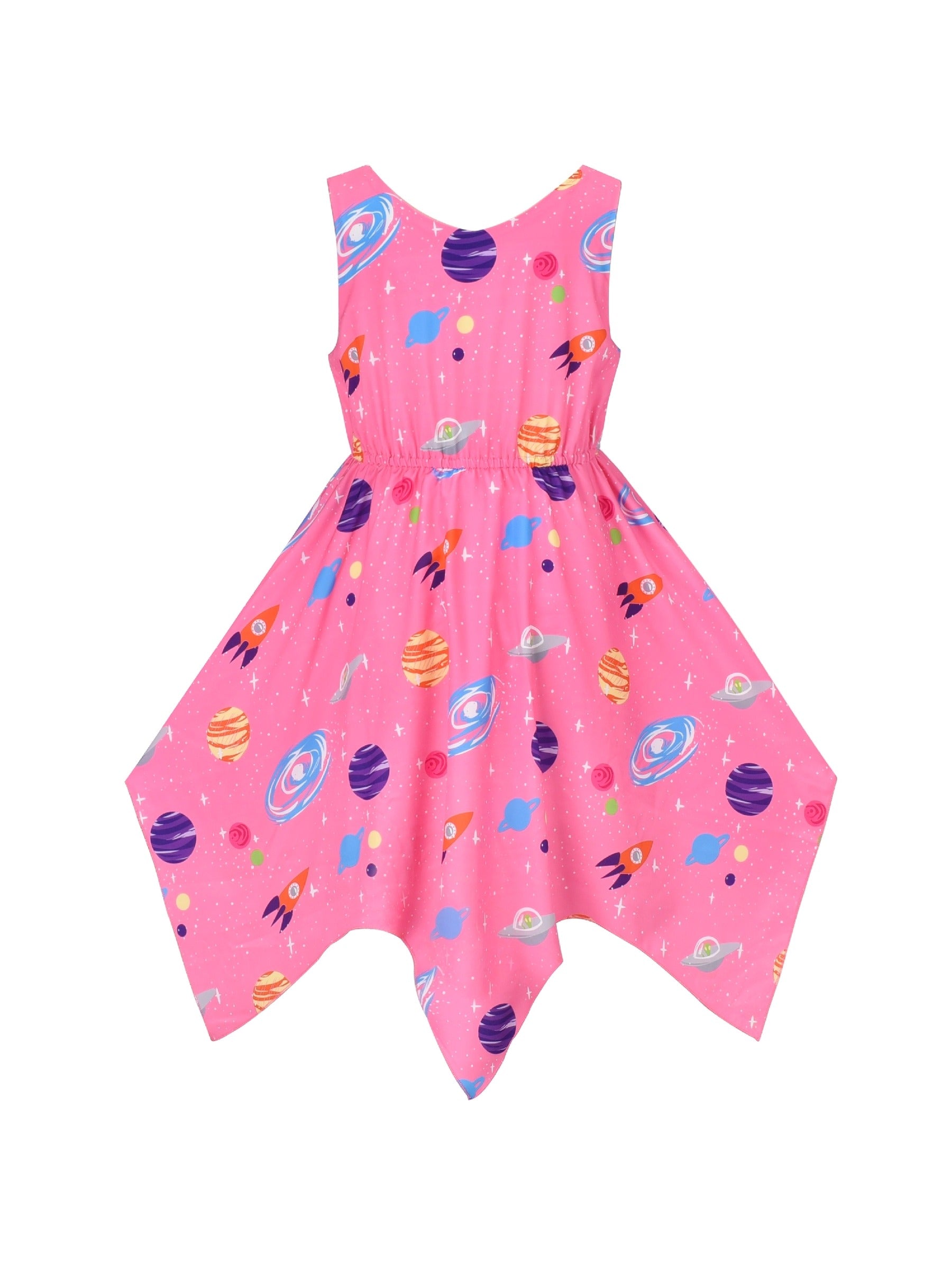 Girls Dress Sunflower Butterfly Hanky Hem Party Beach Necklace Sundress Pink