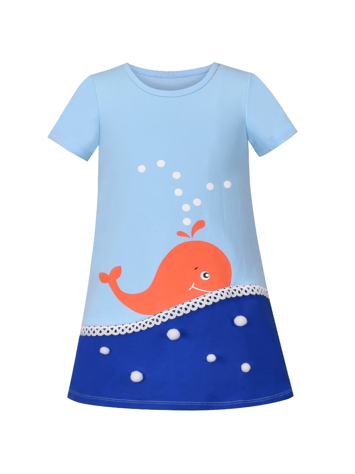Girls Dress Tee Cotton Sunflower Petal Short Sleeve Blue