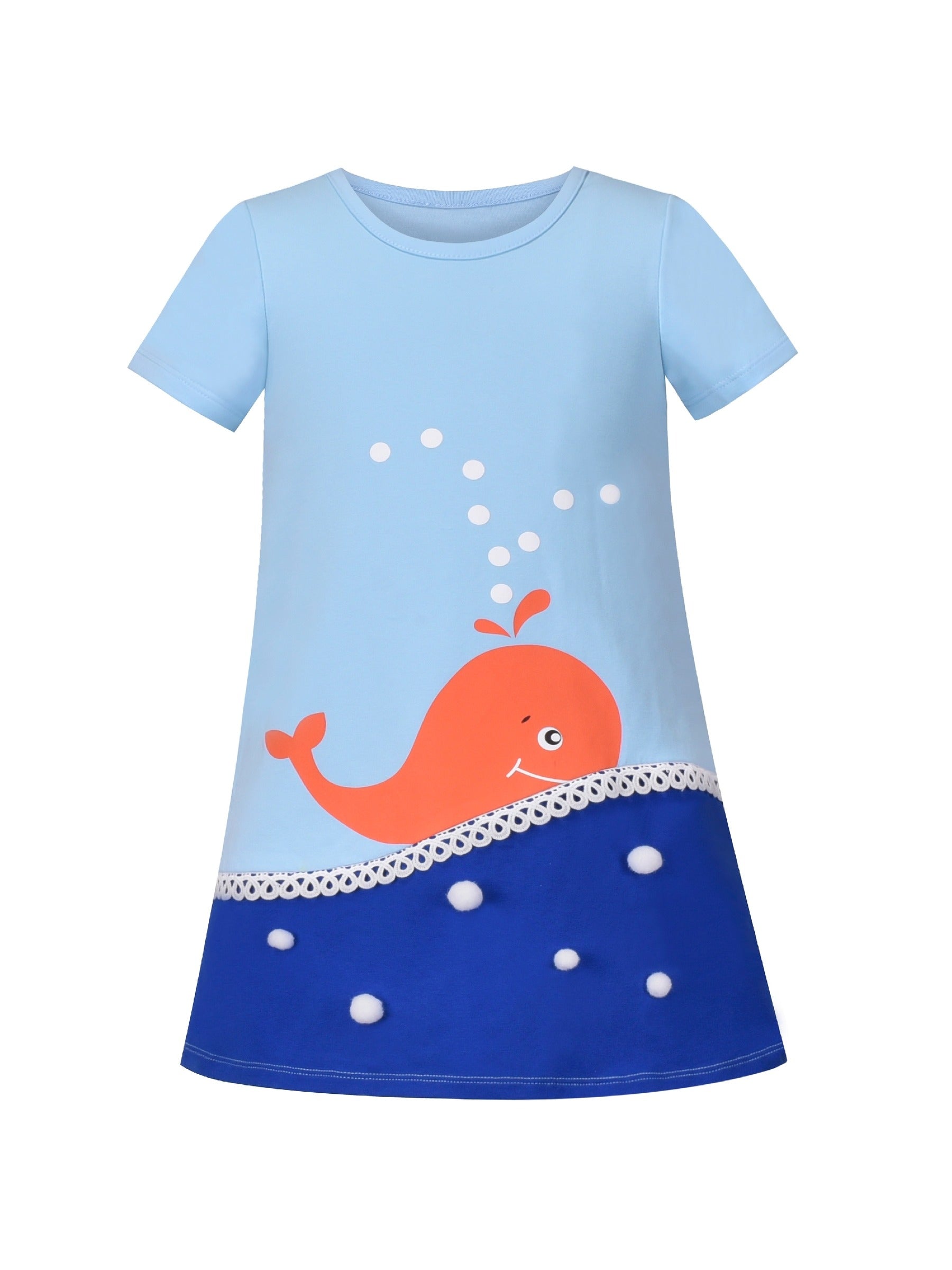 Girls Dress Tee Cotton Sunflower Petal Short Sleeve Blue