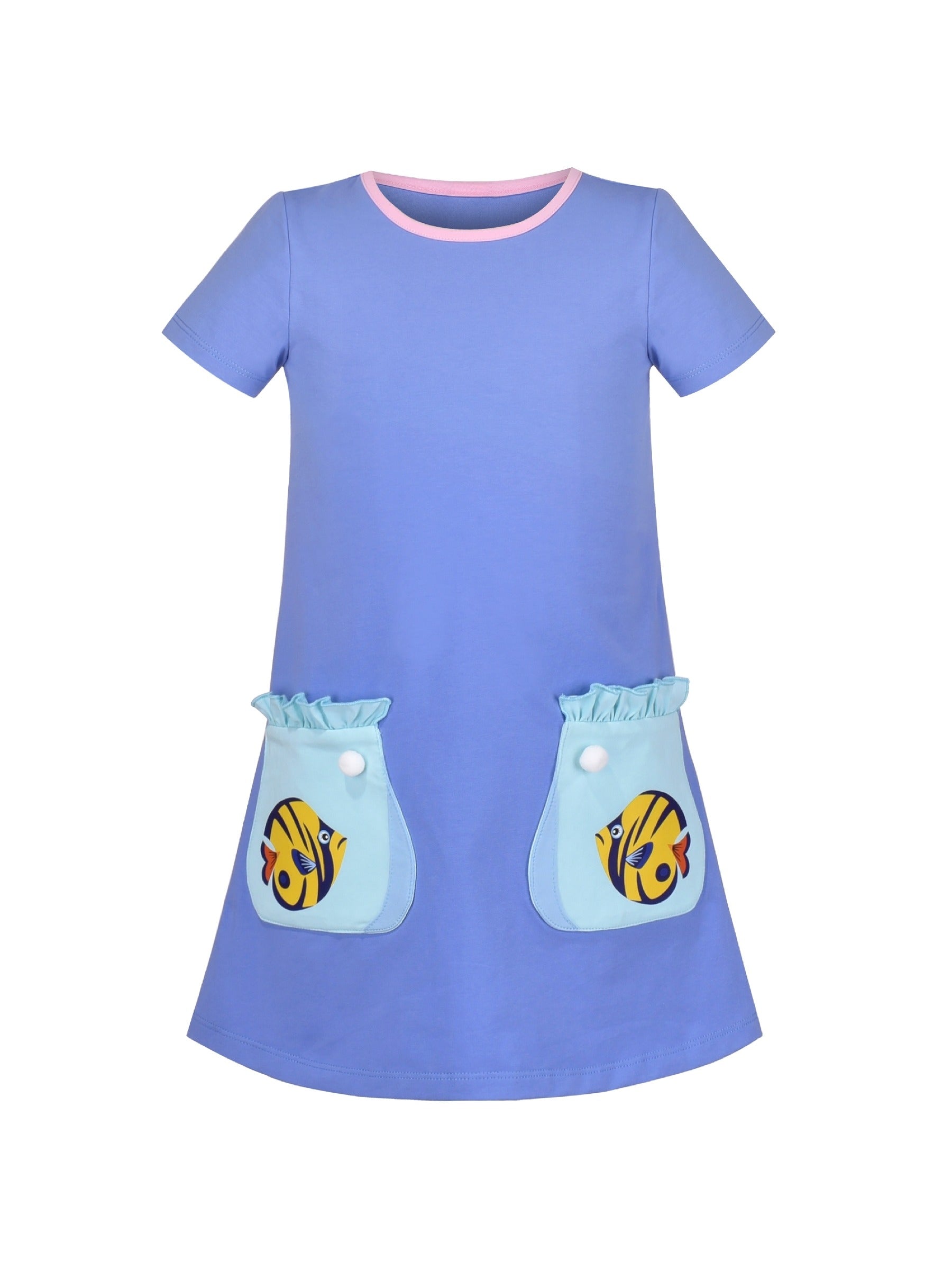 Girls Dress Tee Cotton Sunflower Petal Short Sleeve Blue