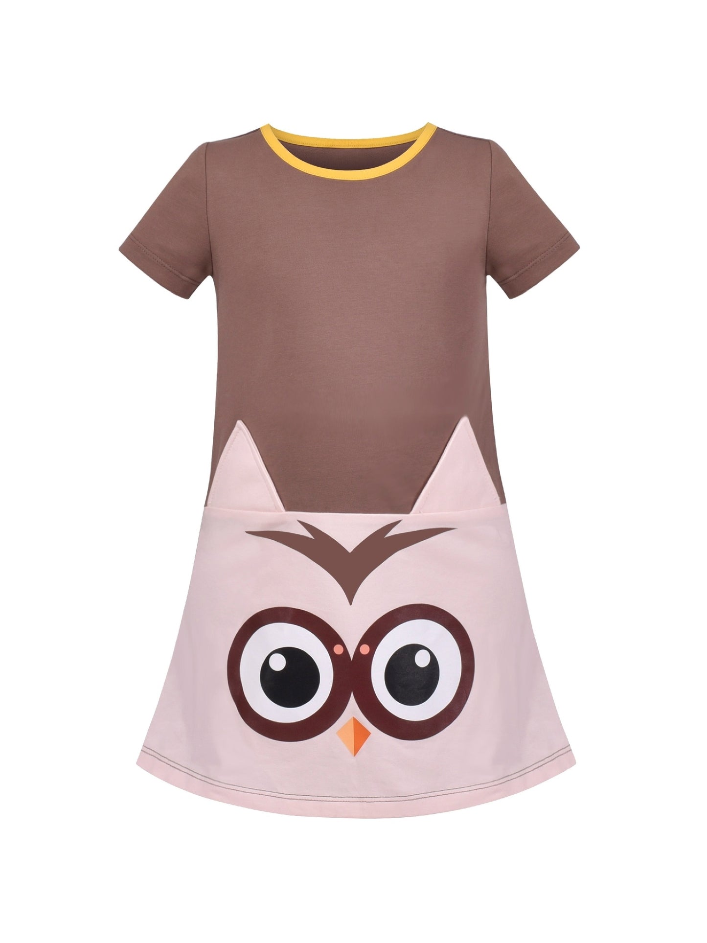 Girls Dress Tee Cotton Sunflower Petal Short Sleeve Brown