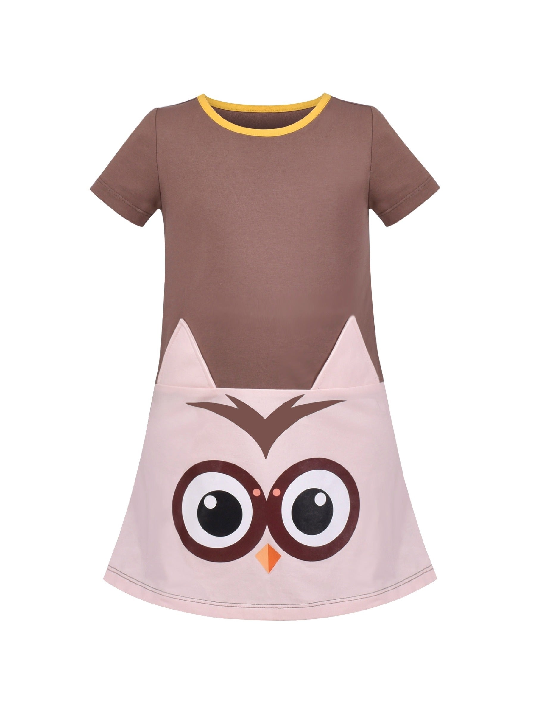 Girls Dress Tee Cotton Sunflower Petal Short Sleeve Brown