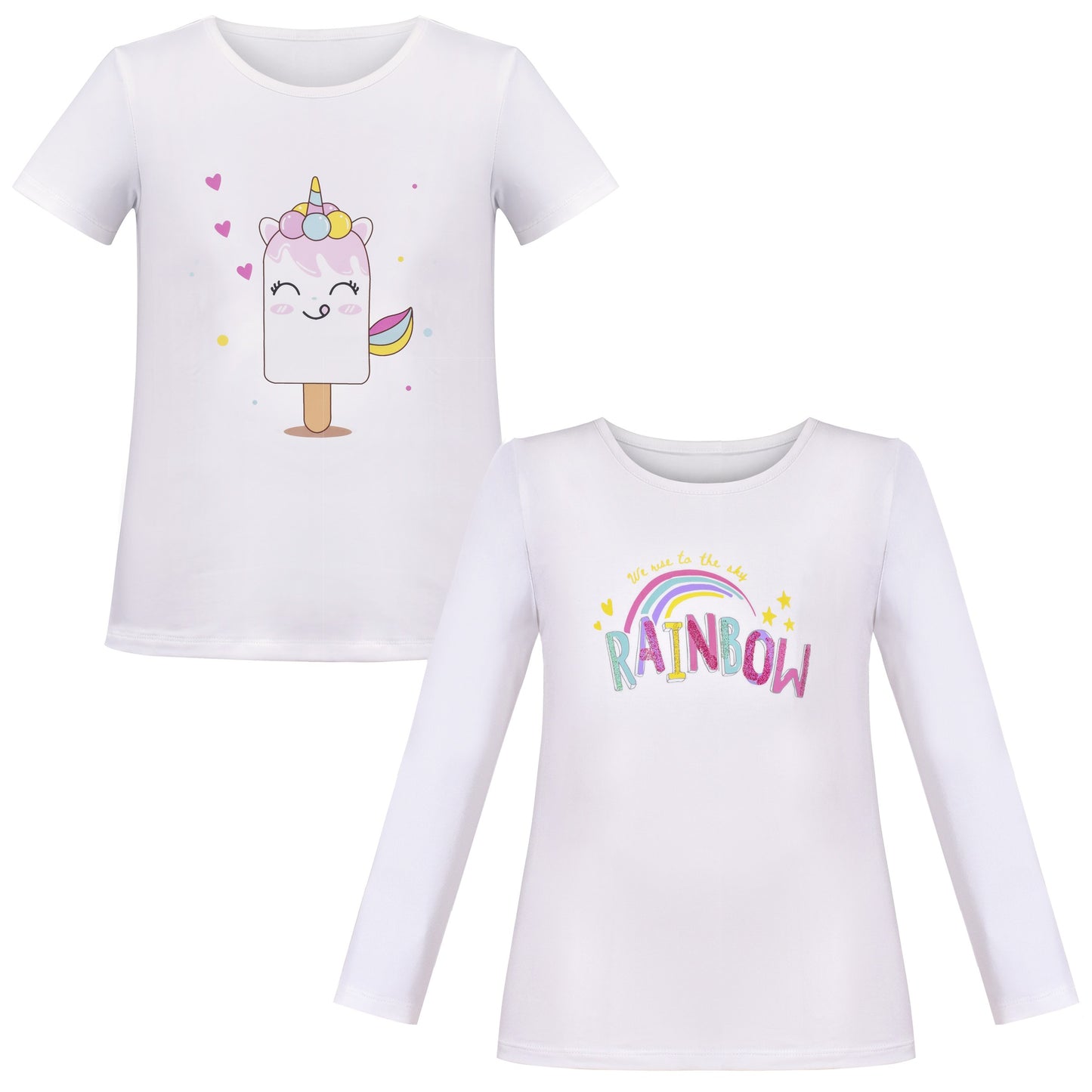 Girls Tee Shirt 2pc Set White Unicorn Rainbow Glitter Short Long Sleeve White