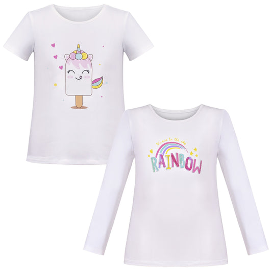 Girls Tee Shirt 2pc Set White Unicorn Rainbow Glitter Short Long Sleeve White