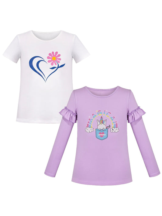 Girls Tee Shirt 2pc Set White Unicorn Rainbow Glitter Short Long Sleeve Purple