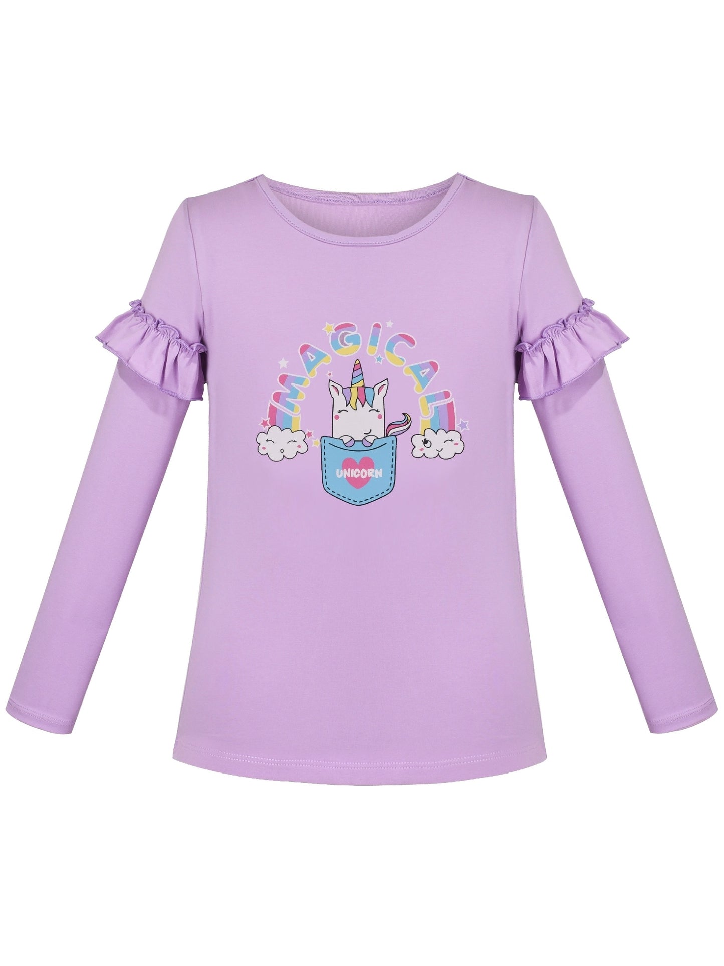 Girls Tee Shirt 2pc Set White Unicorn Rainbow Glitter Short Long Sleeve Purple