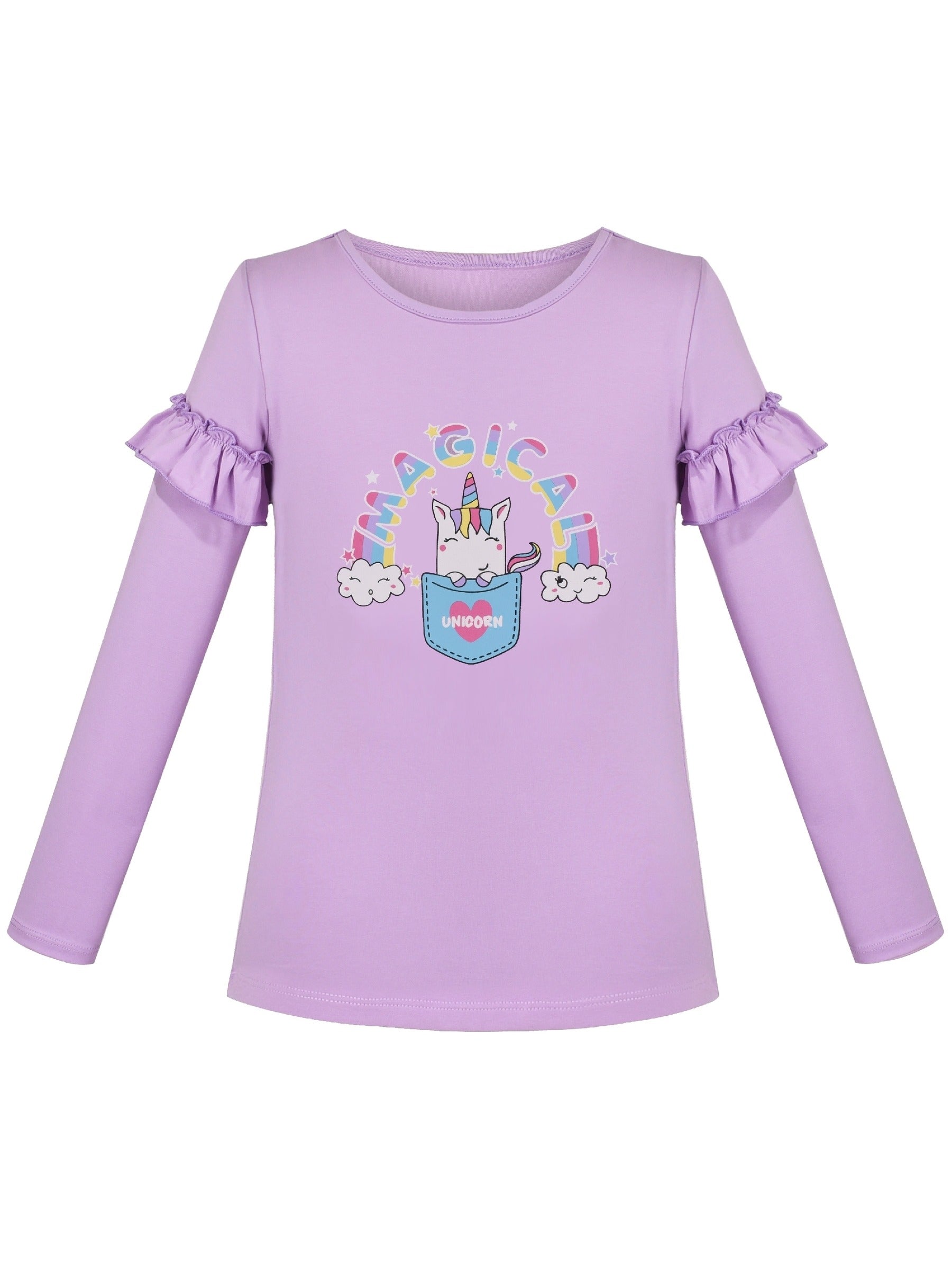 Girls Tee Shirt 2pc Set White Unicorn Rainbow Glitter Short Long Sleeve Purple