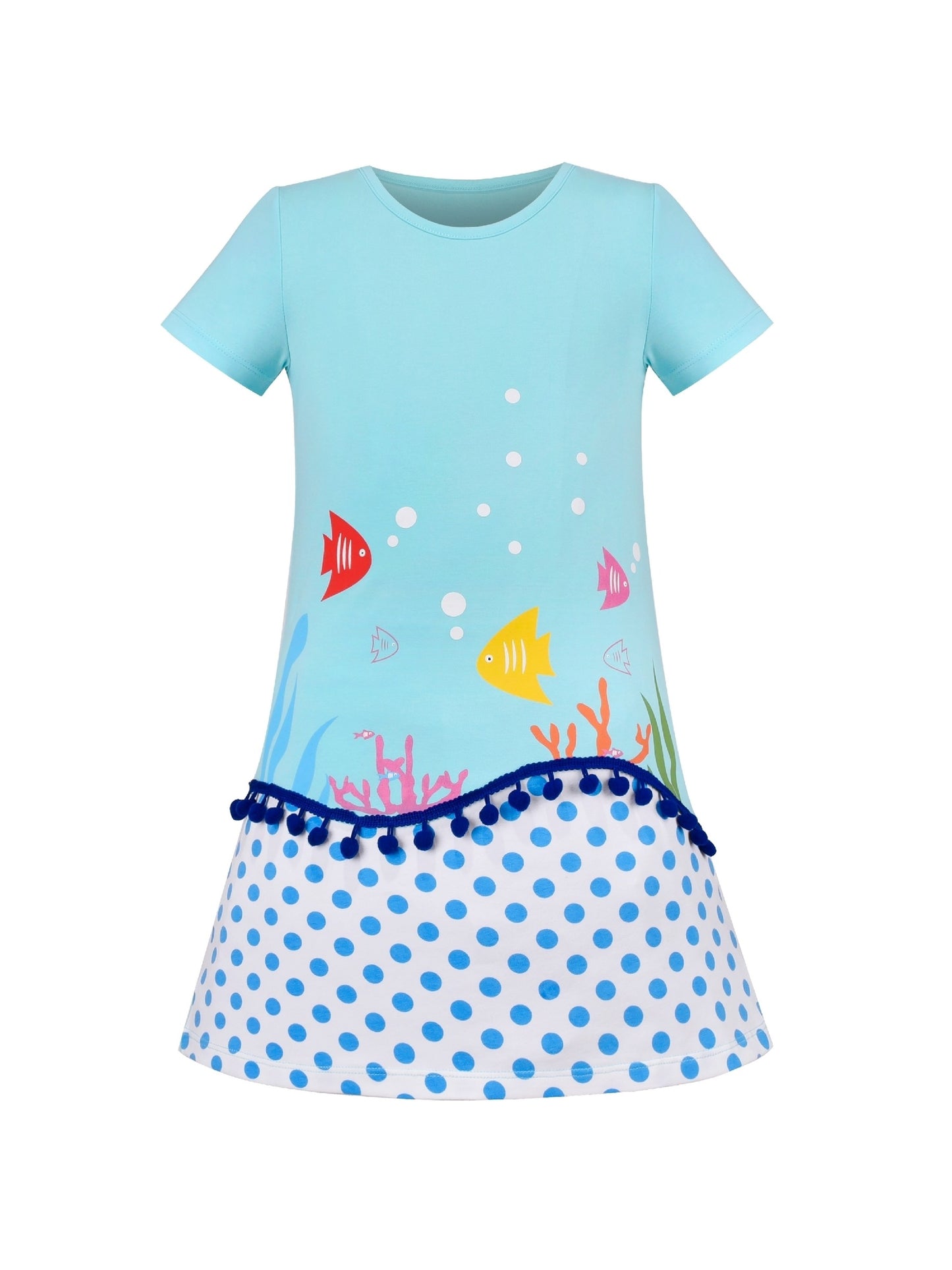 Girls Dress Tee Cotton Sunflower Petal Short Sleeve Blue