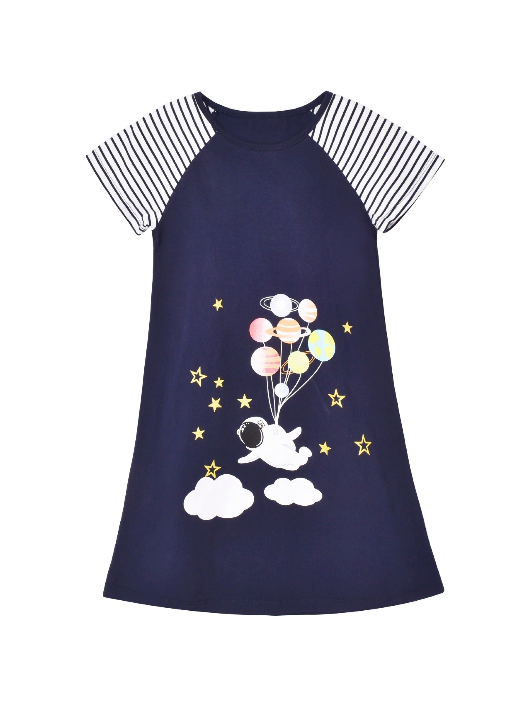 Girls Dress Tee Cotton Sunflower Petal Short Sleeve Blue