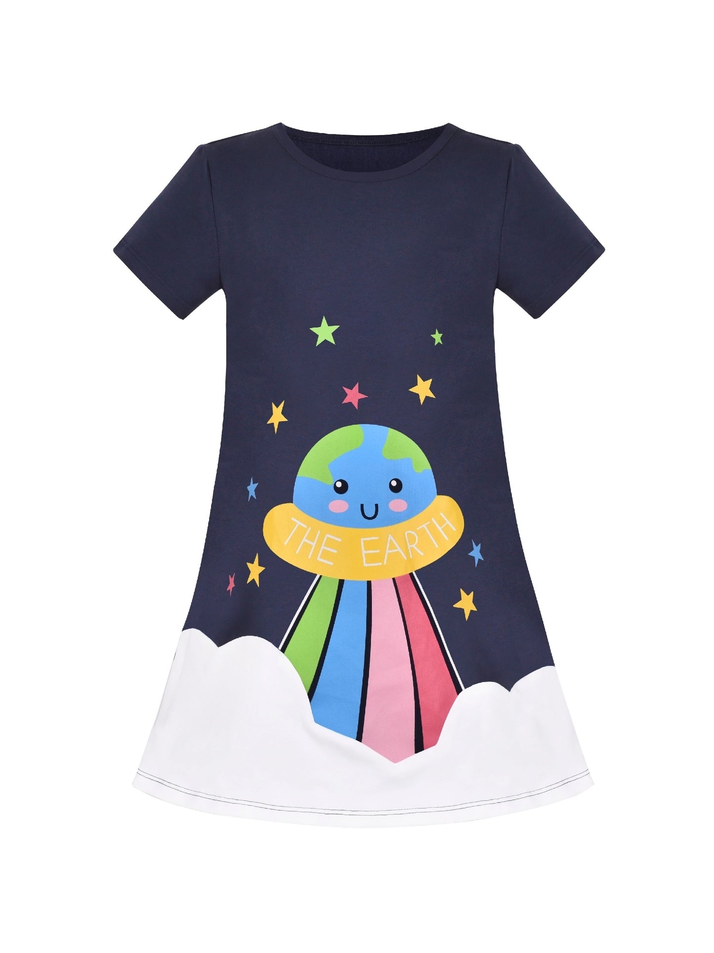 Girls Dress Tee Cotton Sunflower Petal Short Sleeve Blue