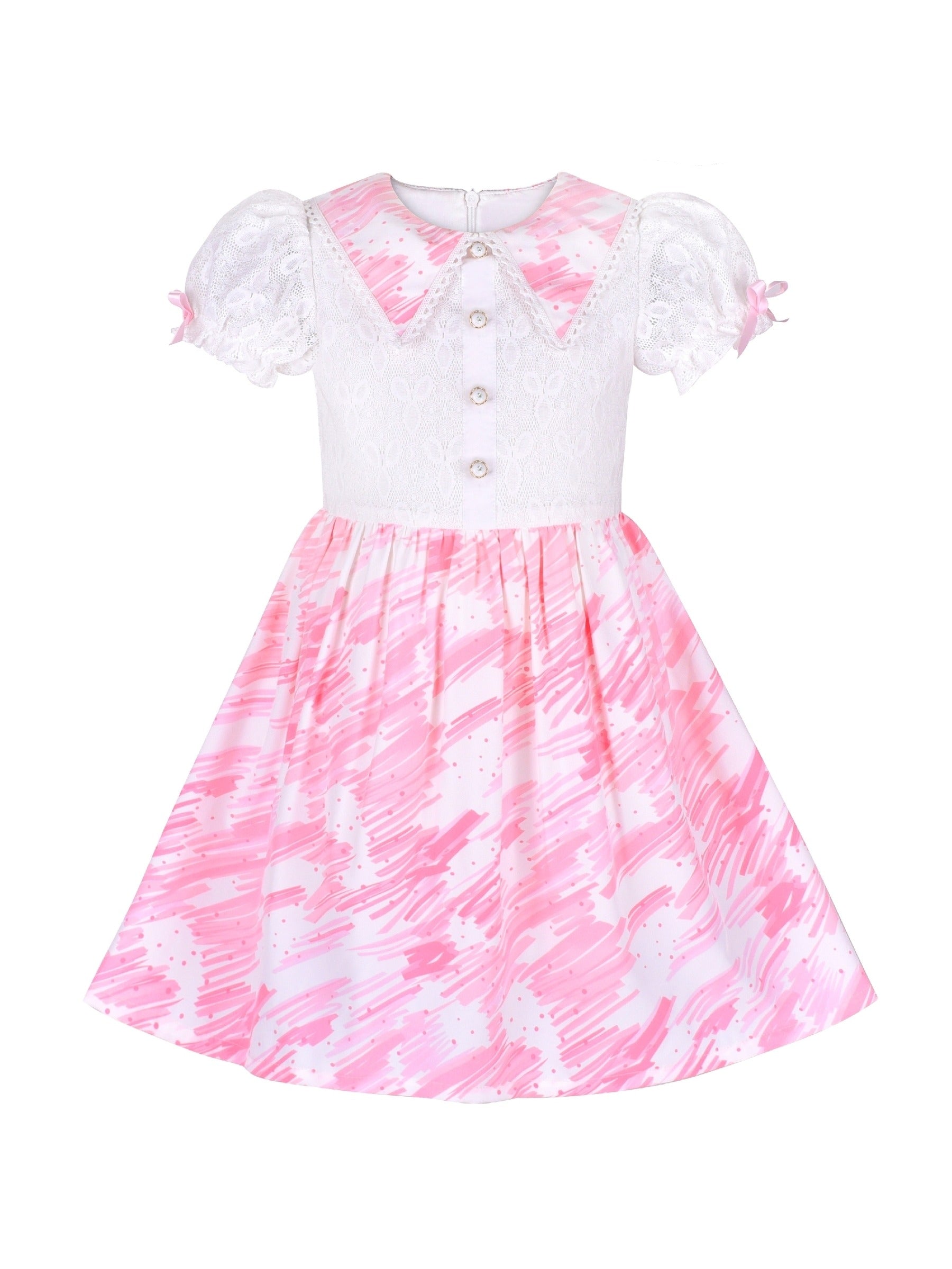 Girls Dress Pearl Button Pink Pointy Collar Lace Puff Sleeve Pink