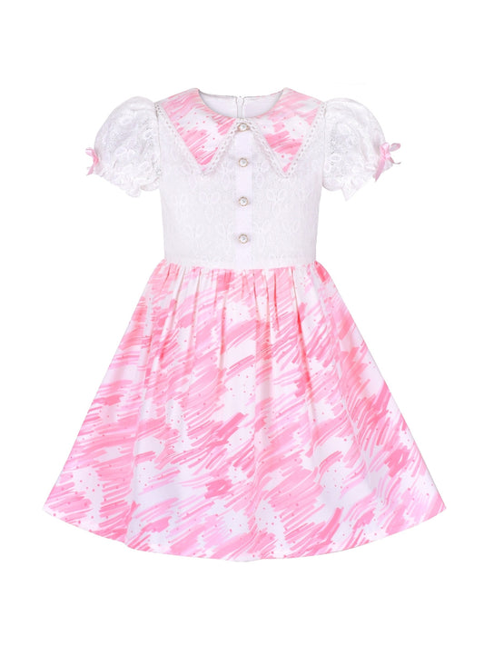 Girls Dress Pearl Button Pink Pointy Collar Lace Puff Sleeve Pink