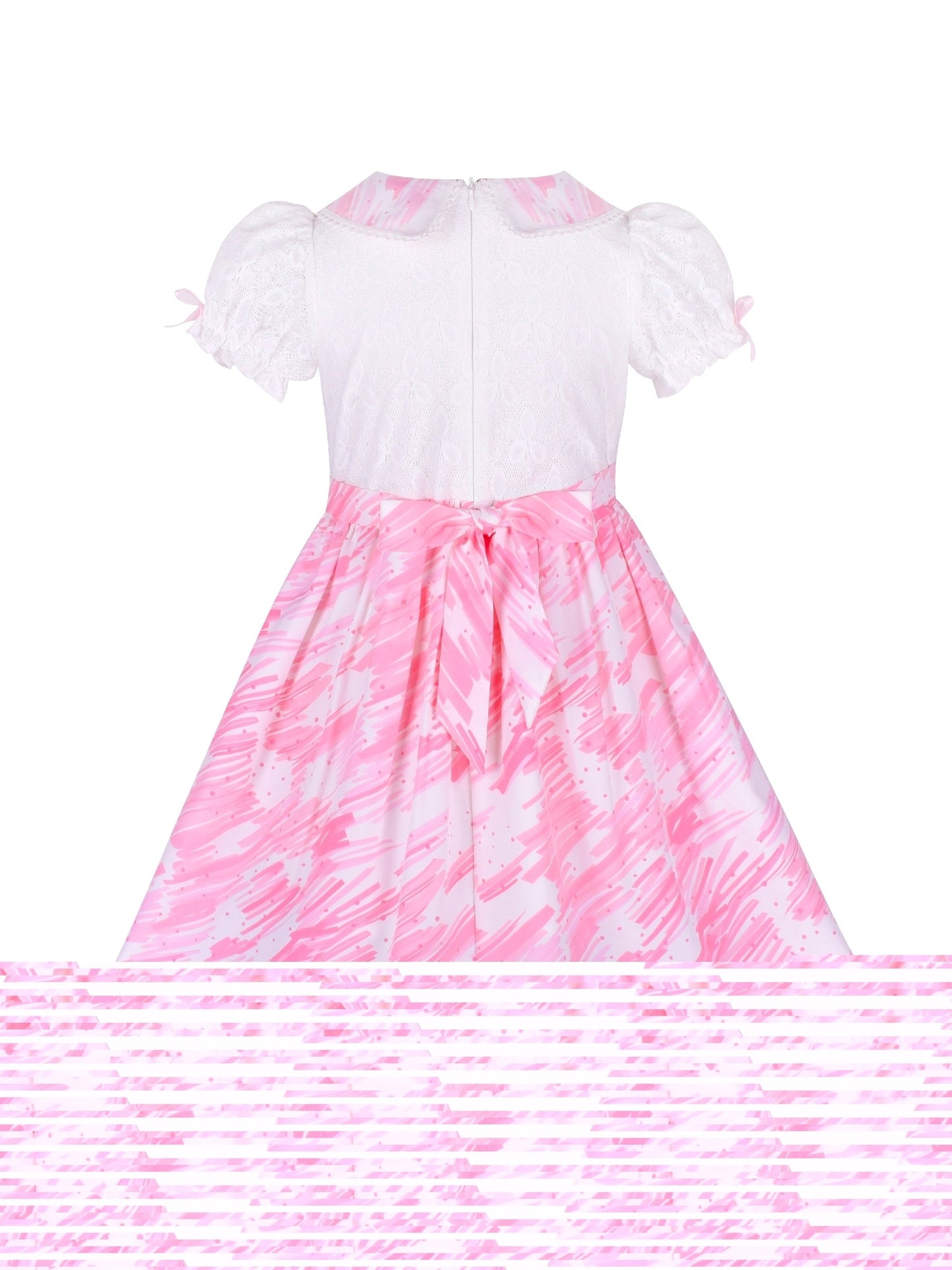 Girls Dress Pearl Button Pink Pointy Collar Lace Puff Sleeve Pink