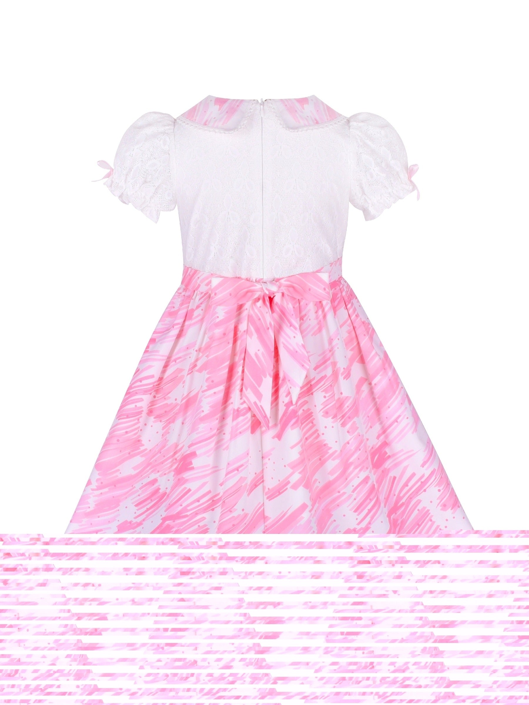 Girls Dress Pearl Button Pink Pointy Collar Lace Puff Sleeve Pink