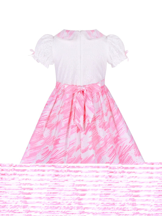 Girls Dress Pearl Button Pink Pointy Collar Lace Puff Sleeve Pink