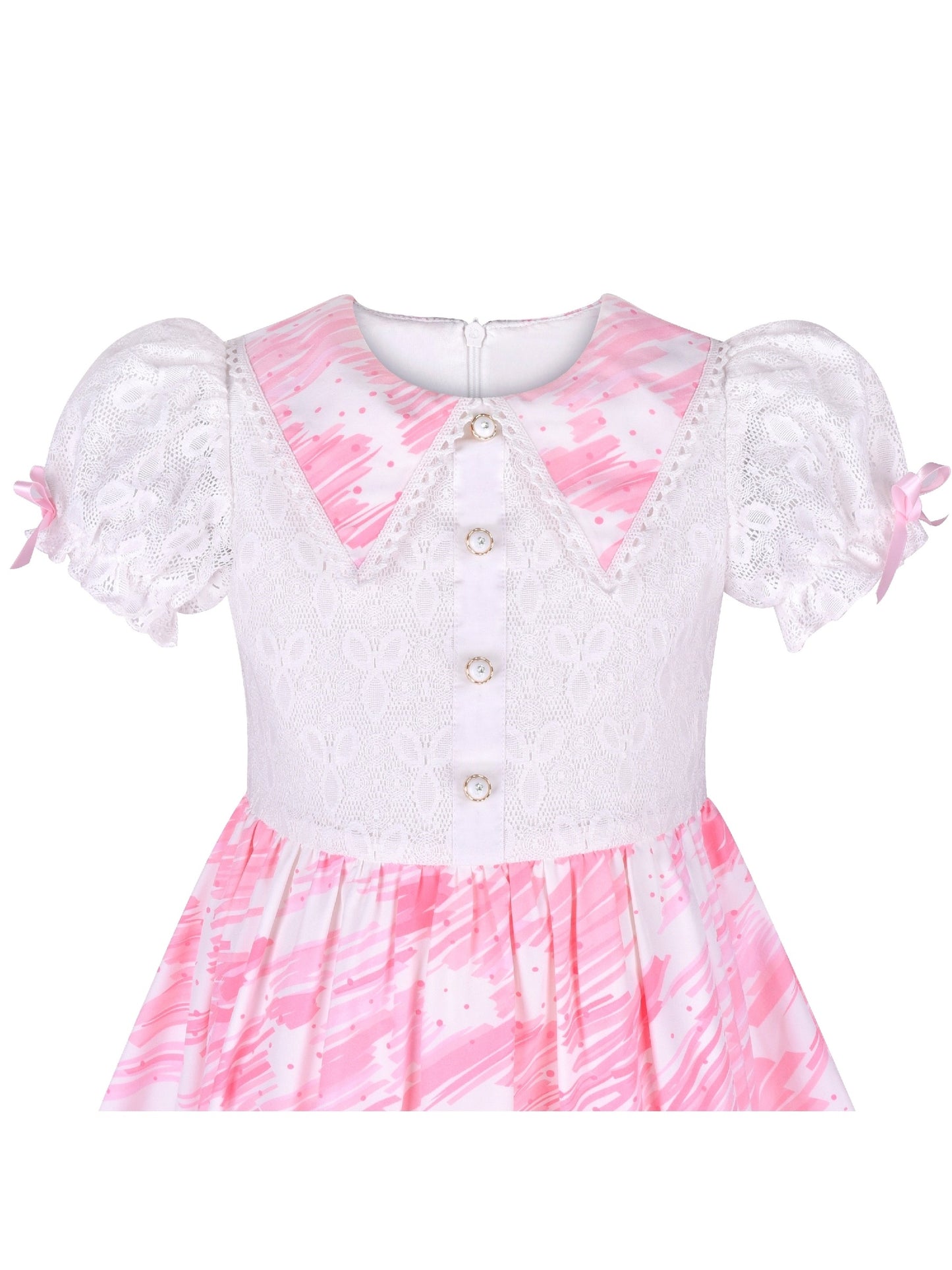 Girls Dress Pearl Button Pink Pointy Collar Lace Puff Sleeve Pink