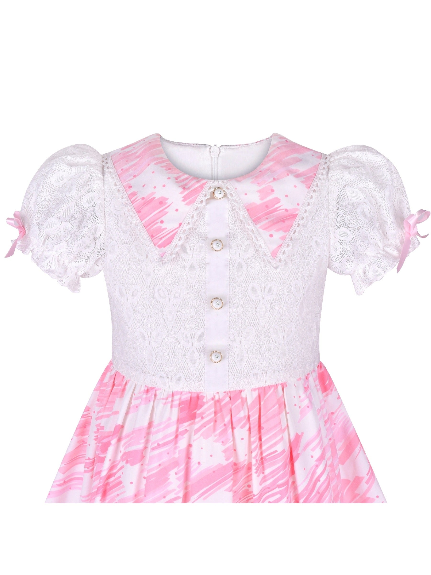 Girls Dress Pearl Button Pink Pointy Collar Lace Puff Sleeve Pink