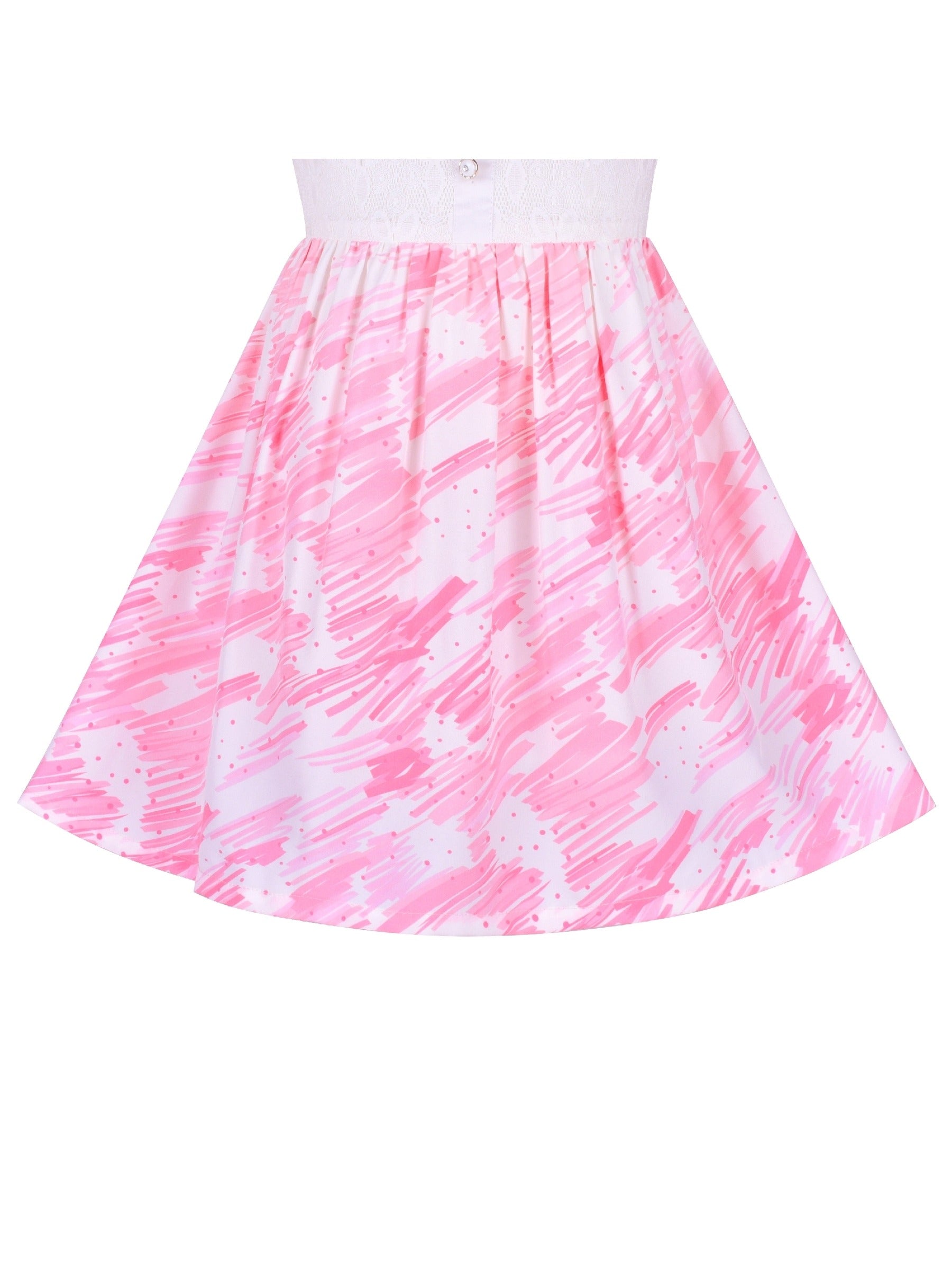 Girls Dress Pearl Button Pink Pointy Collar Lace Puff Sleeve Pink