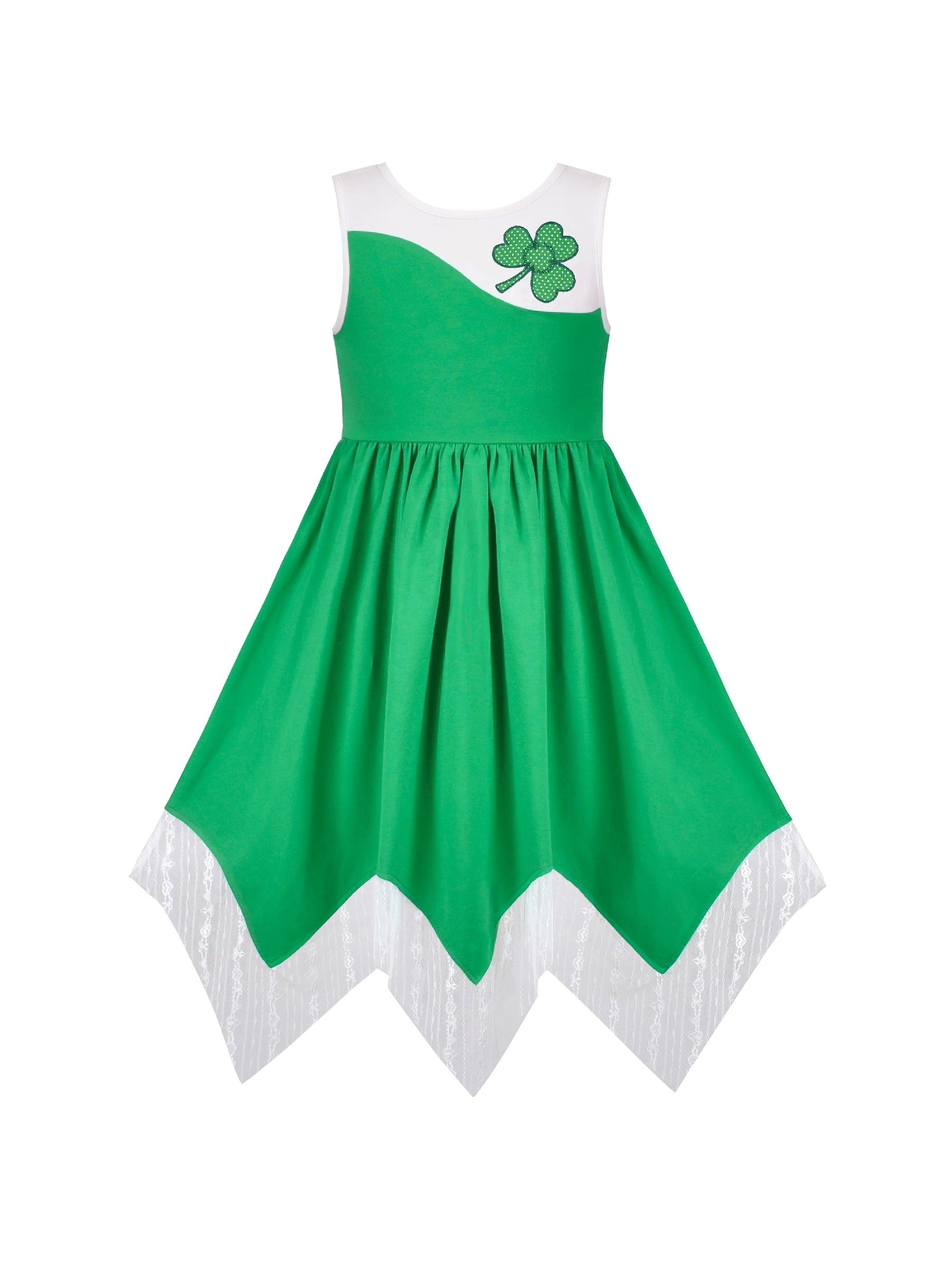 Girls Dress Sunflower Butterfly Hanky Hem Party Beach Necklace Sundress Green