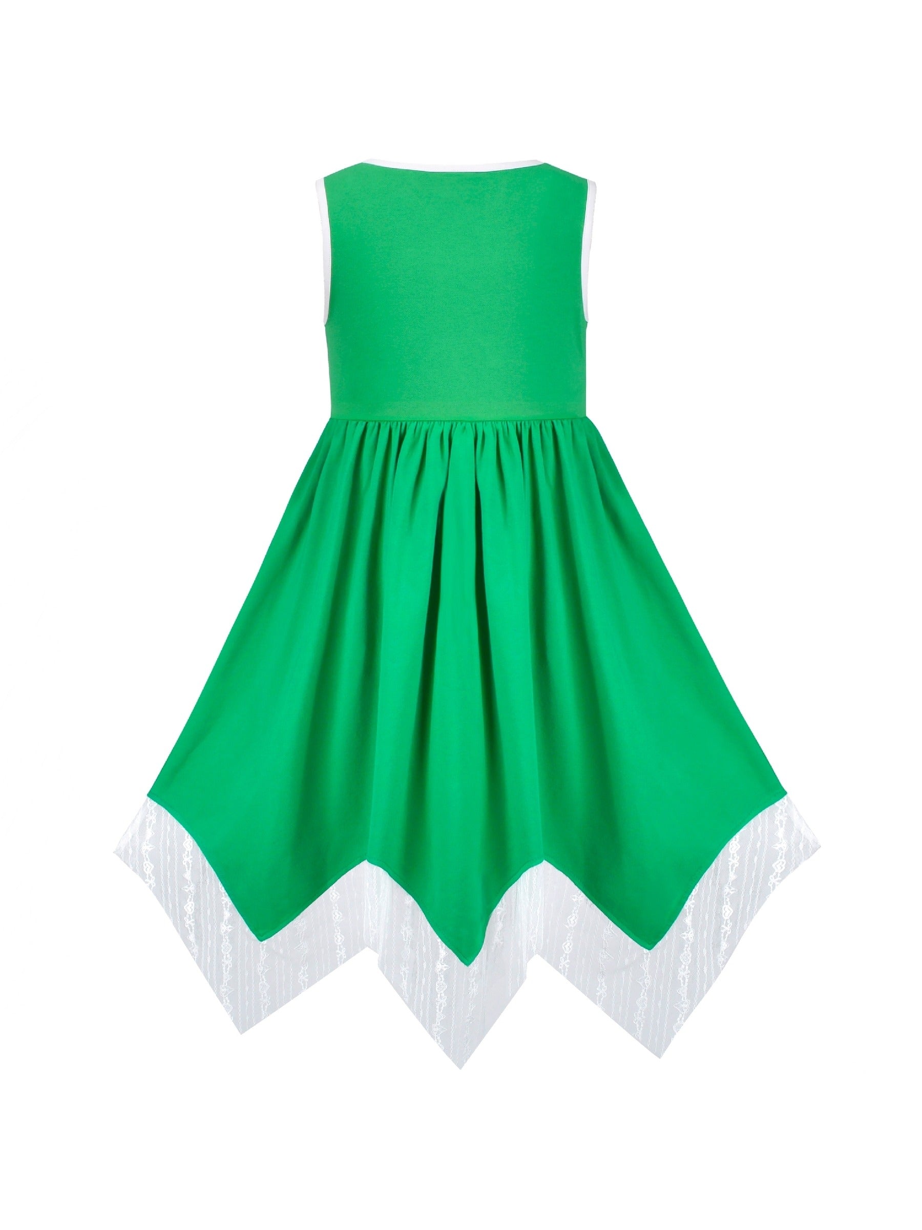 Girls Dress Sunflower Butterfly Hanky Hem Party Beach Necklace Sundress Green