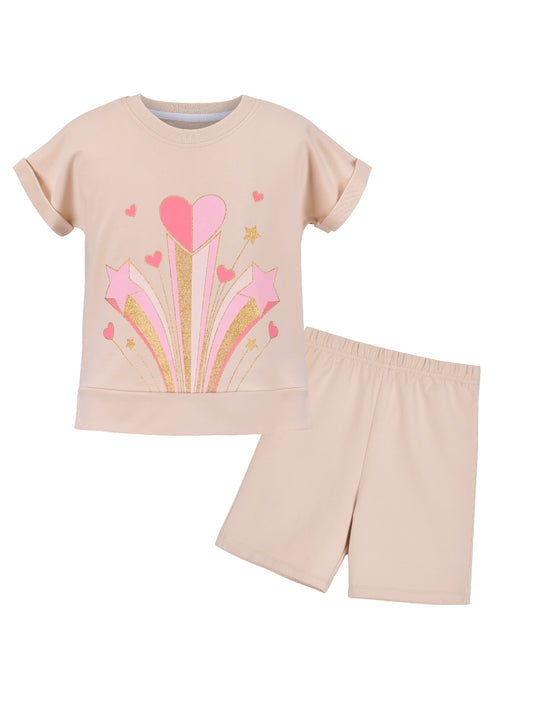 Girls Tee Sport Clothing Outfit Set Glitter Heart s Short Sleeve Beige