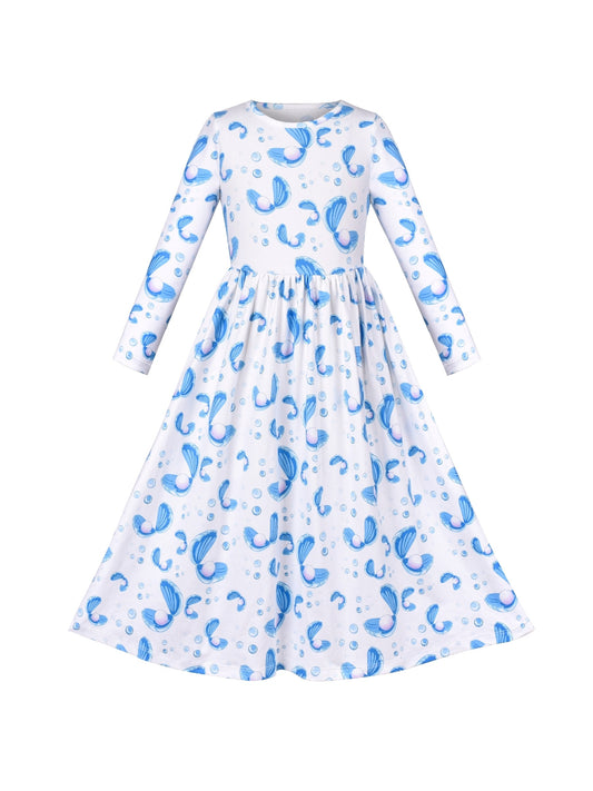 Girls Dress Maxi Christmas Long Sleeve Casual V-neck Bow Tie Blue