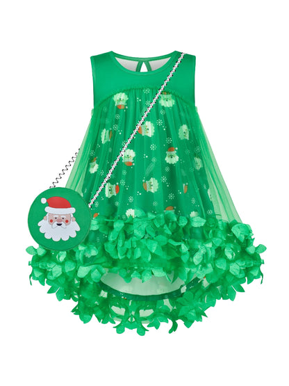 Girls Dress Turquoise Dimensional Flower Birthday Wedding Dress - Green Santa