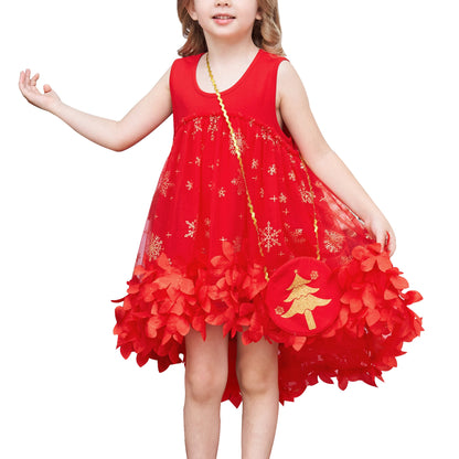 Girls Dress Turquoise Dimensional Flower Birthday Wedding Dress - Red