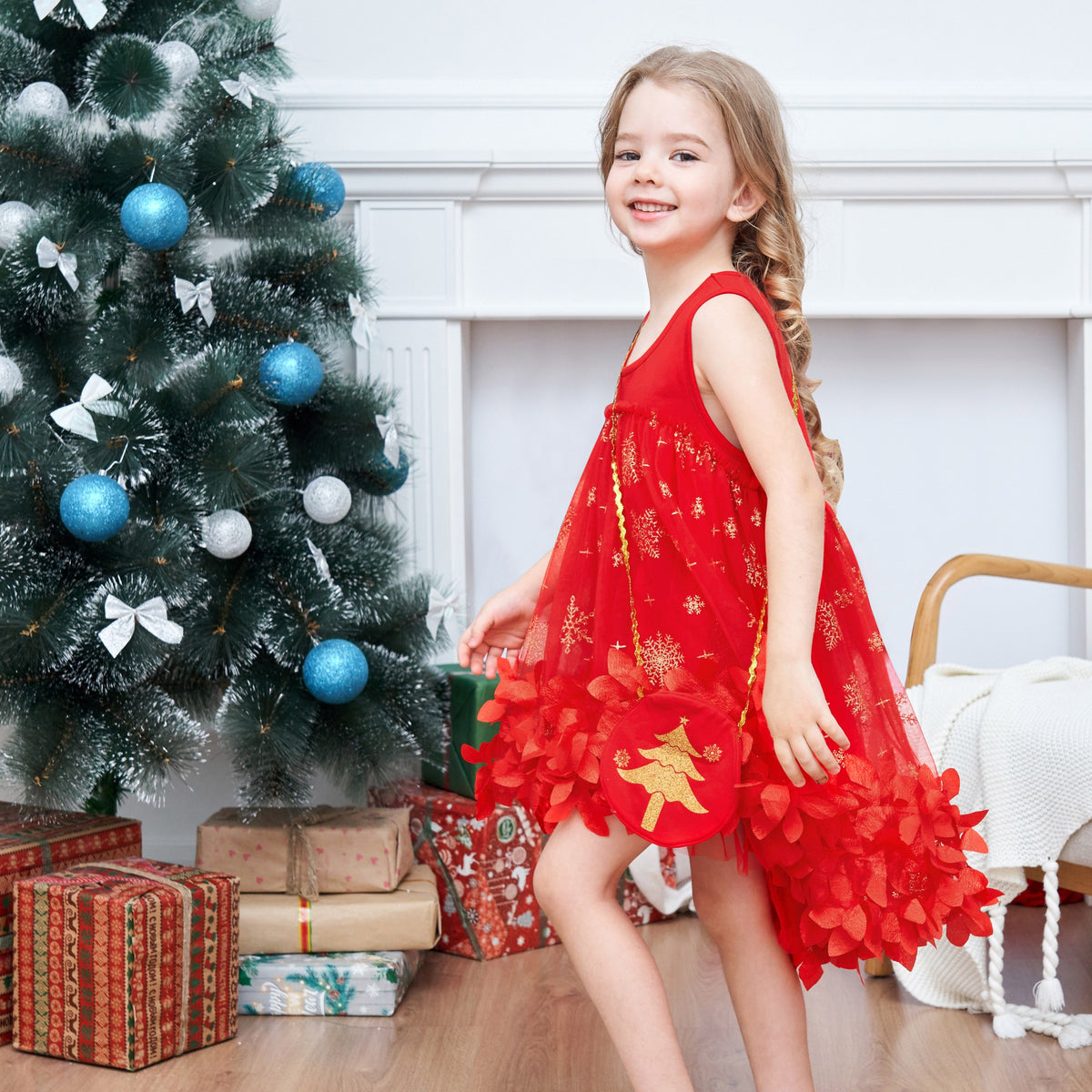 Girls Dress Turquoise Dimensional Flower Birthday Wedding Dress - Red