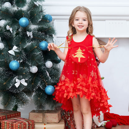 Girls Dress Turquoise Dimensional Flower Birthday Wedding Dress - Red
