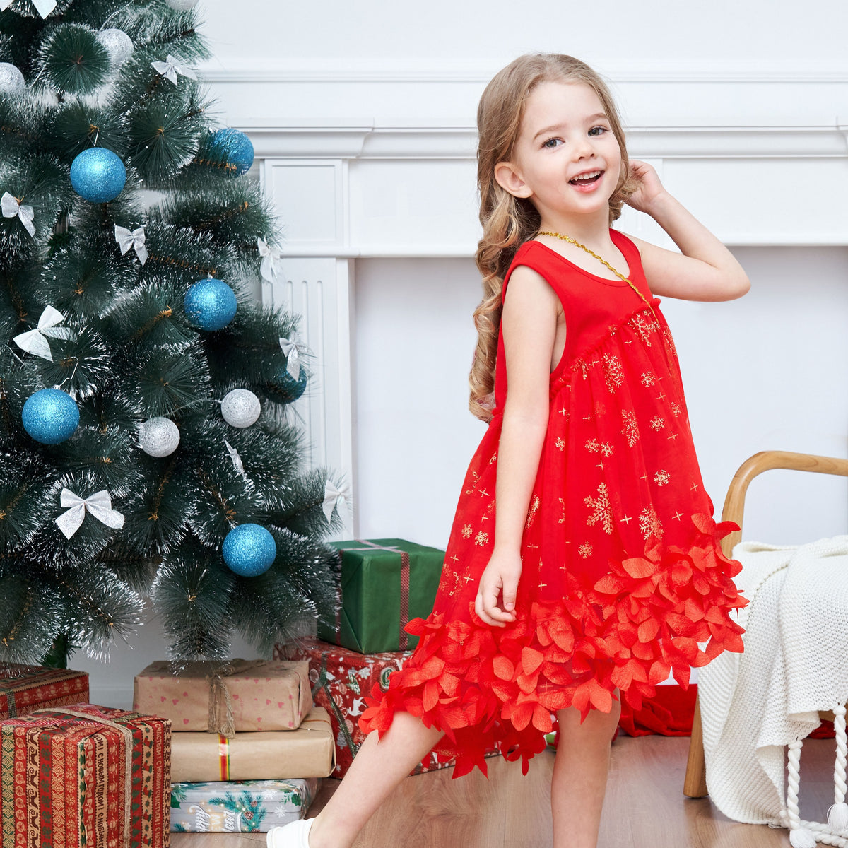 Girls Dress Turquoise Dimensional Flower Birthday Wedding Dress - Red