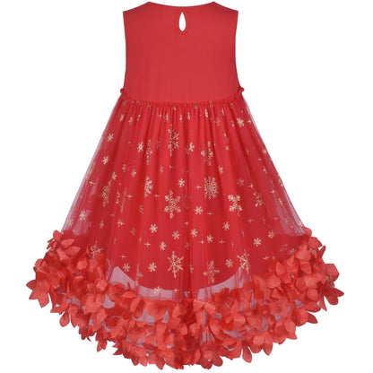 Girls Dress Turquoise Dimensional Flower Birthday Wedding Dress - Red