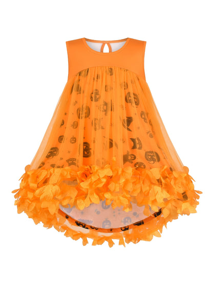 Girls Dress Turquoise Dimensional Flower Birthday Wedding Dress - Orange