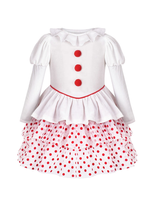 Girls Dress 2-in-1 Christmas Ruffle Polka Dot long Sleeve Clown Set White