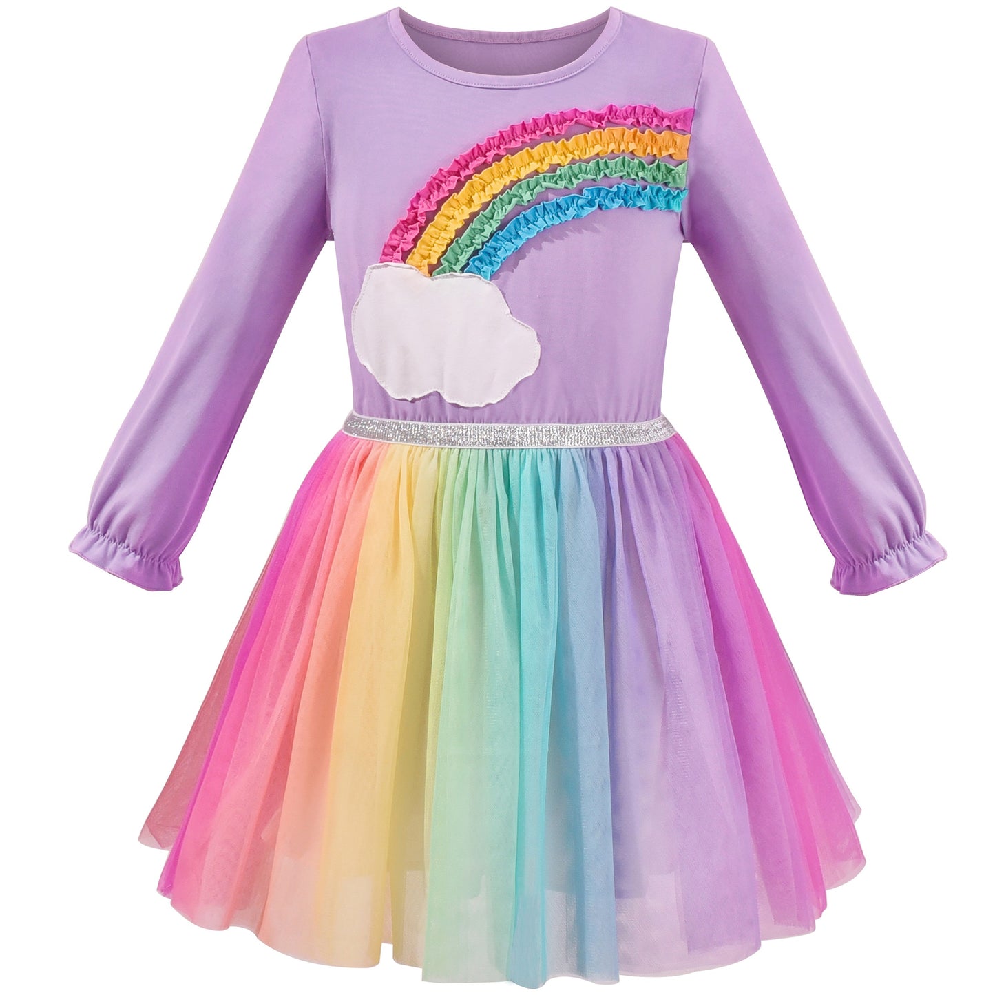 Girls Dress Rainbow Colorful Tulle Skirt Long Sleeve Holiday Party Purple