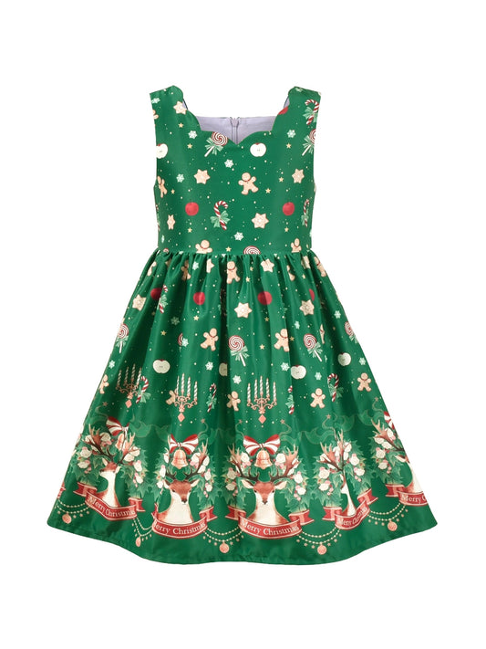 Girls Dress Green Strawberry Floral Zigzag Cute Sleeveless Casual Holiday Green
