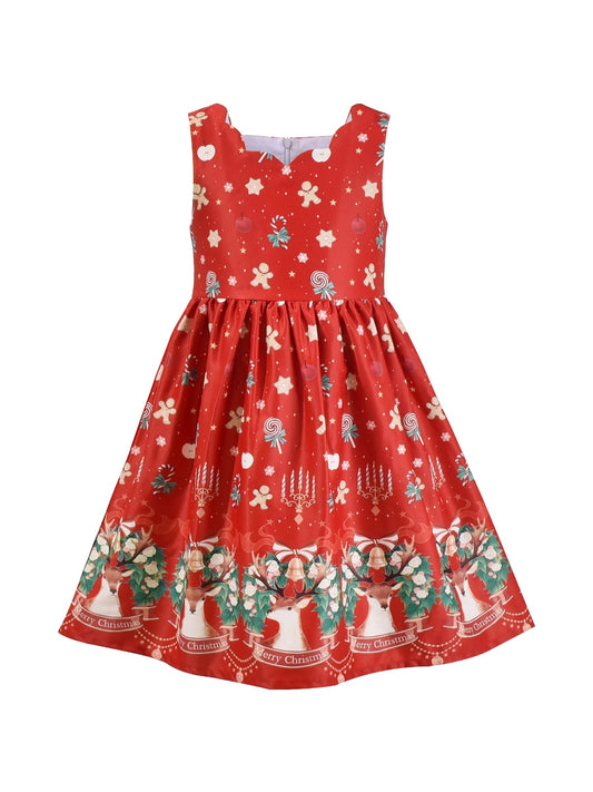 Girls Dress Green Strawberry Floral Zigzag Cute Sleeveless Casual Holiday Red