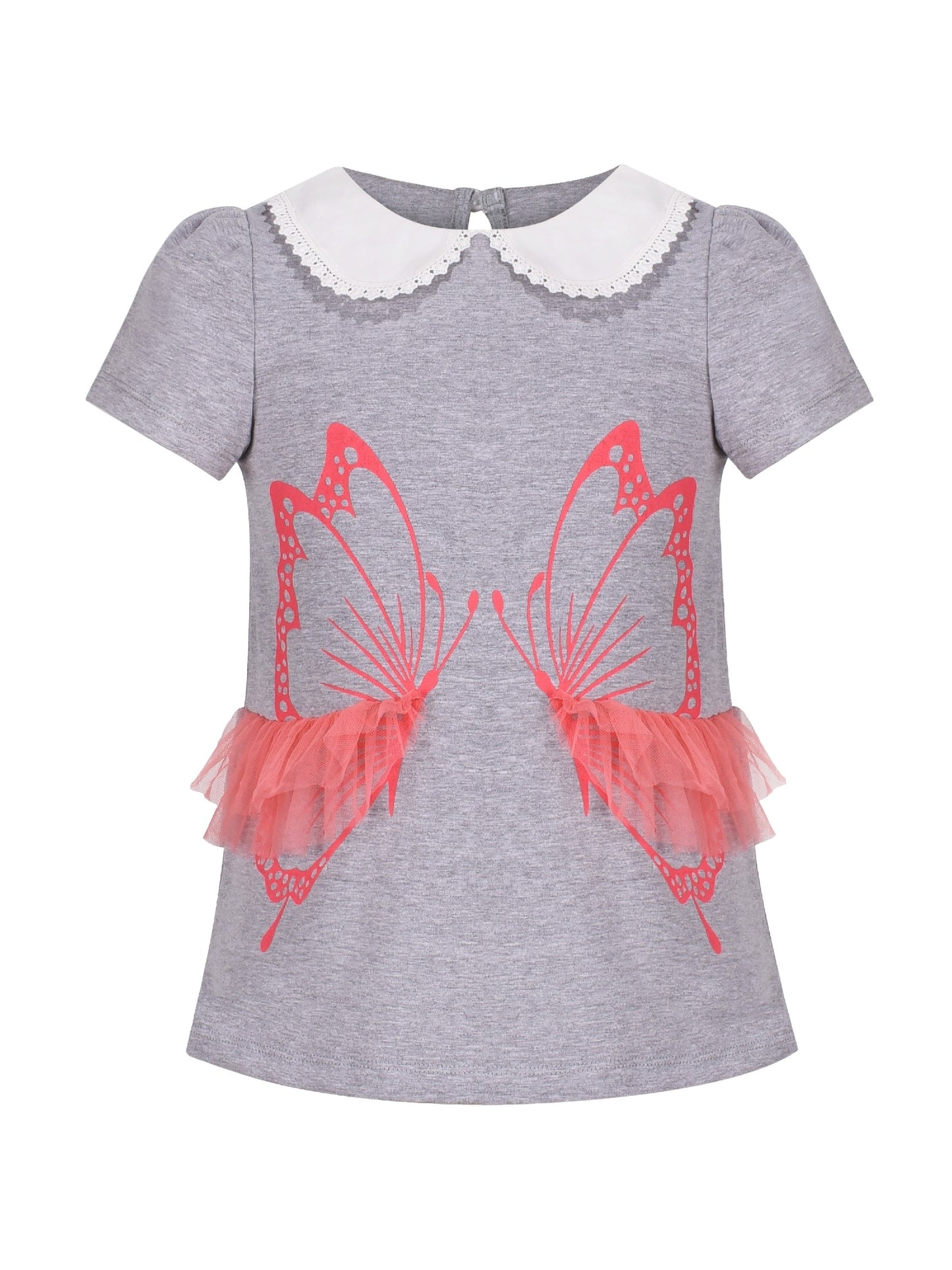 Girls Short Sleeve Tee T-Shirt Gray Butterfly Collar Cotton Gray