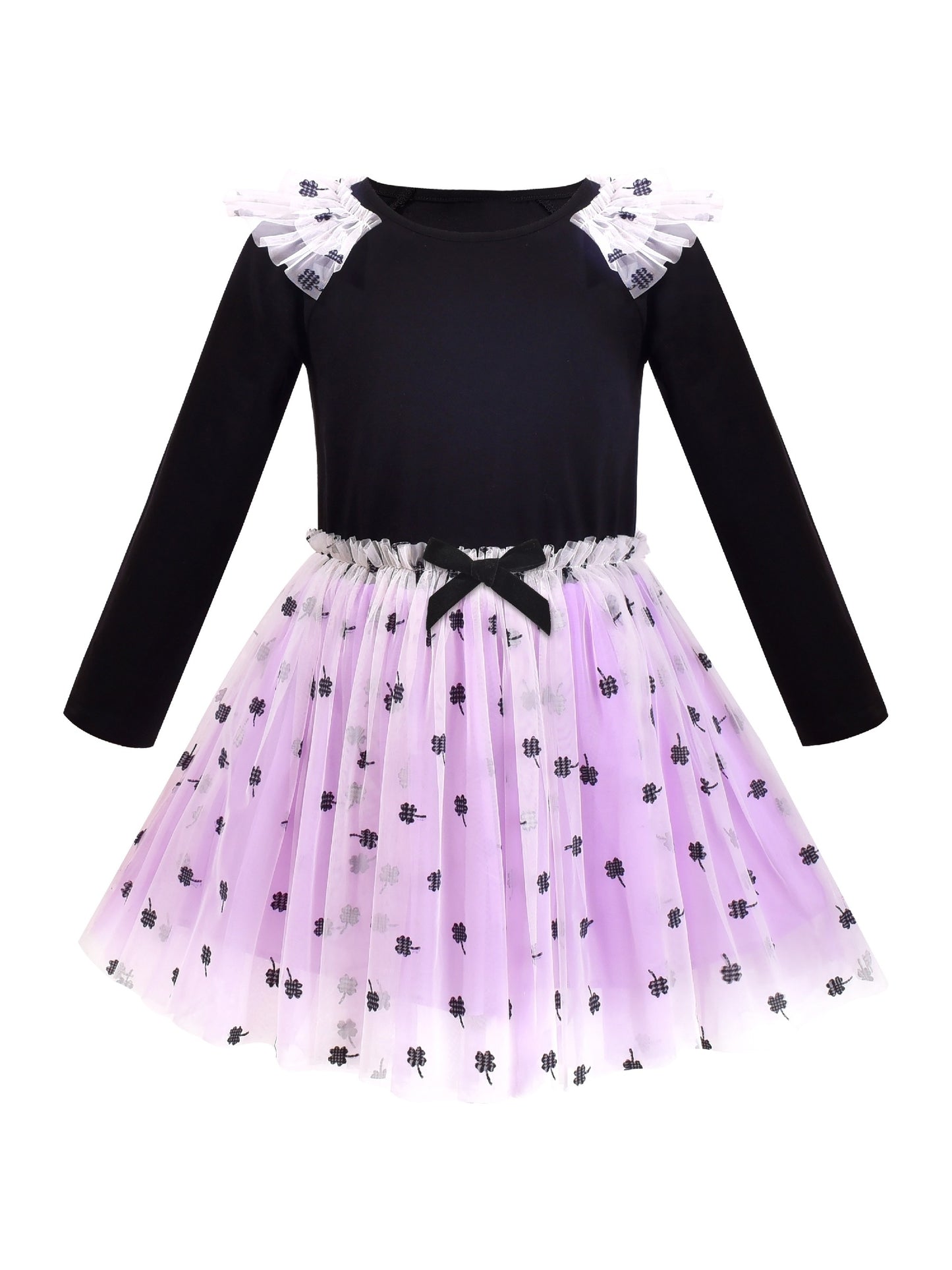 Girls Dress Long Sleeve Tutu Skirt Bow Tie Party Black