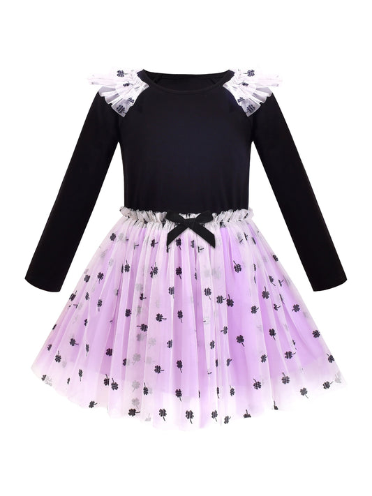 Girls Dress Long Sleeve Tutu Skirt Bow Tie Party Black