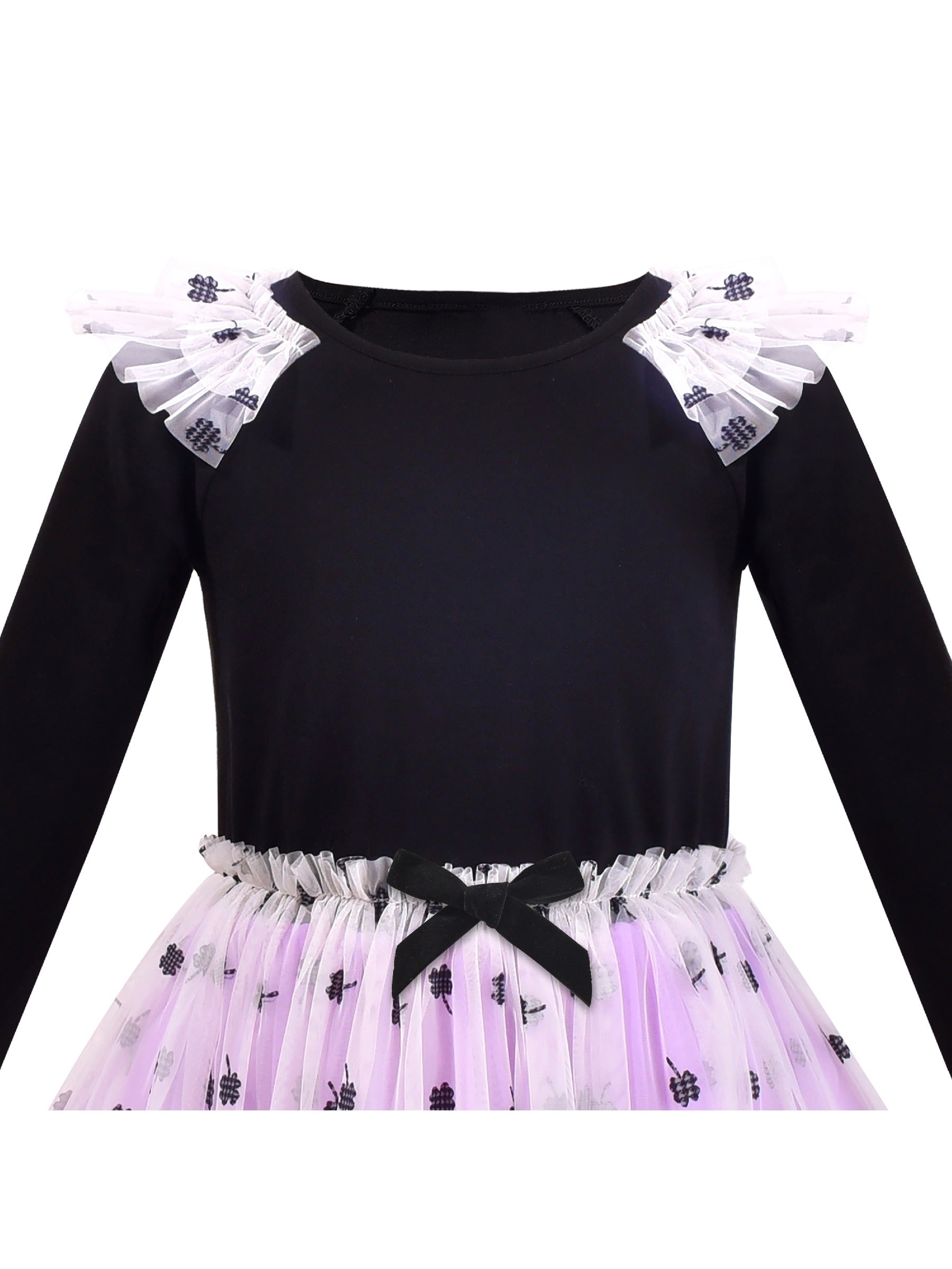Girls Dress Long Sleeve Tutu Skirt Bow Tie Party Black