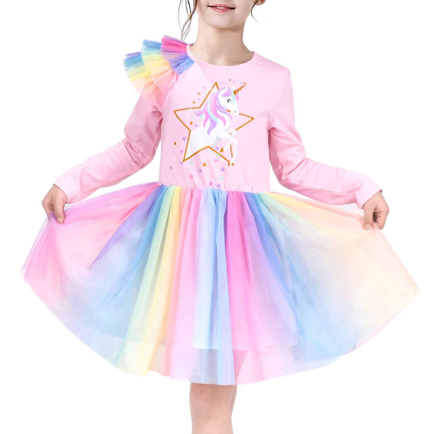 Girls Dress Long Sleeve Tutu Skirt Bow Tie Party Pink