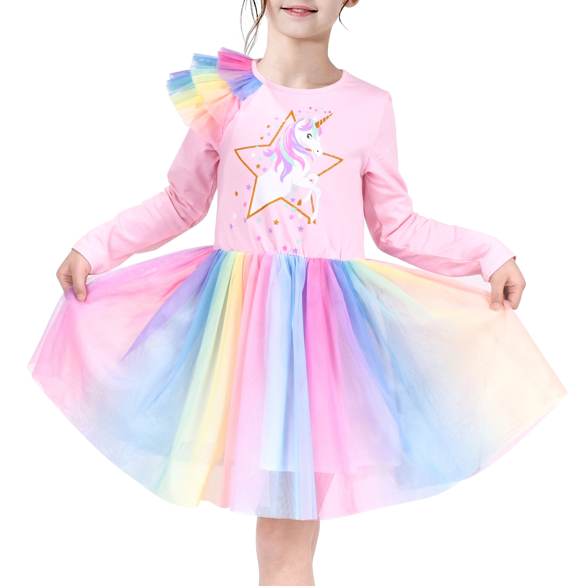 Girls Dress Long Sleeve Tutu Skirt Bow Tie Party Pink